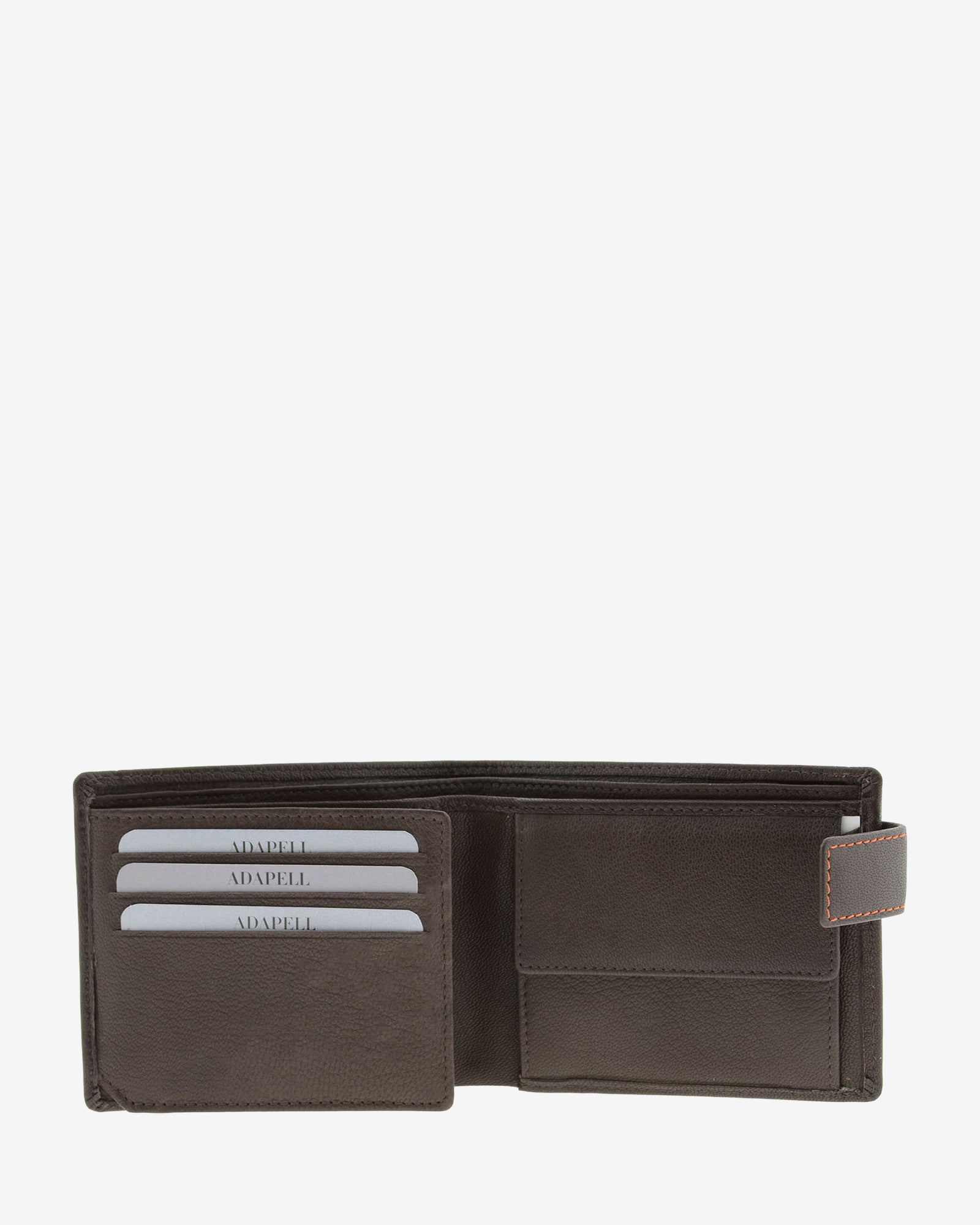Cartera de hombre de piel genuina en color marrón de diseño ultrafino con cosido naranja a contraste, vista interior mostrando compartimentos para tarjetas y billetes, referencia 1601-2