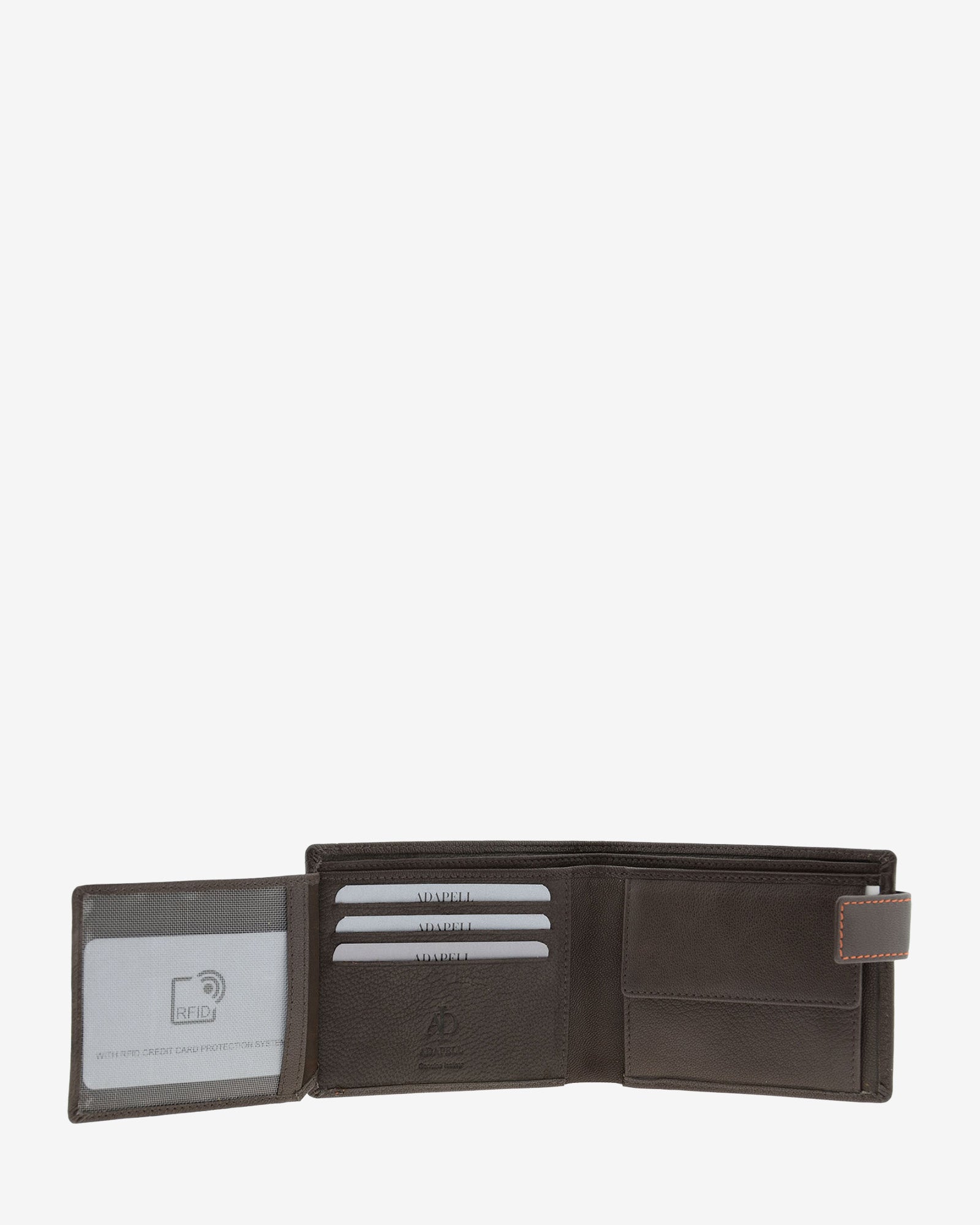 Cartera de hombre de piel genuina en color marrón de diseño ultrafino con cosido naranja a contraste, vista interior  abierta mostrando compartimentos para tarjetas y billetes, referencia 1601-2