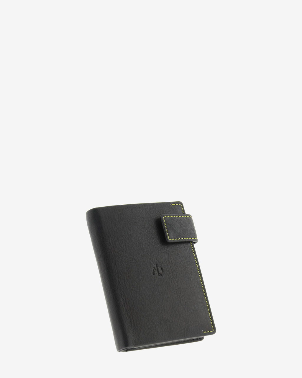 Cartera de hombre de piel genuina en color negro de diseño ultrafino, formato vertical, con cosido verde a contraste, cierre de botón, vista frontal mostrando diseño y volumen, referencia 1603-1