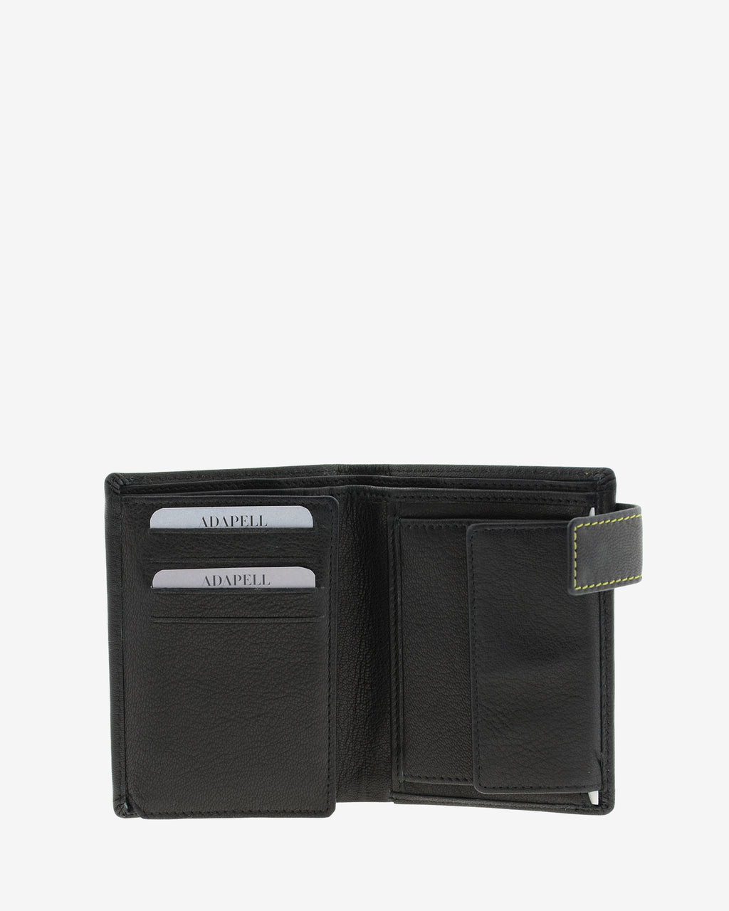 Cartera de hombre de piel genuina en color negro de diseño ultrafino con cosido verde a contraste, vista interior mostrando compartimentos para tarjetas, billetes y monedero, referencia 1603-1