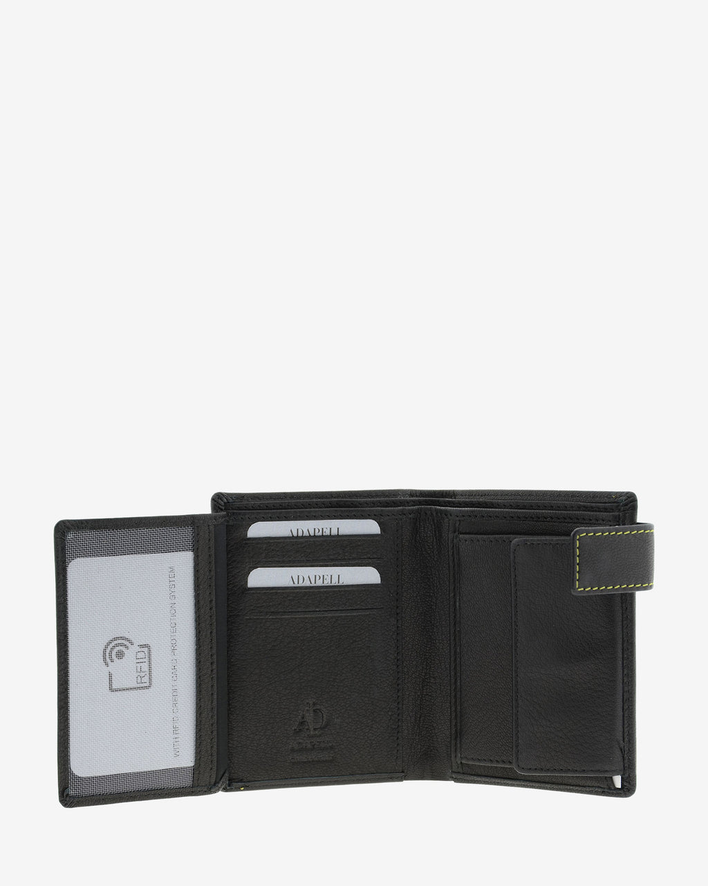 Cartera de hombre de piel genuina en color negro de diseño ultrafino con cosido verde a contraste, vista interior abierta mostrando compartimentos para tarjetas, billetes y monedero, referencia 1603-1