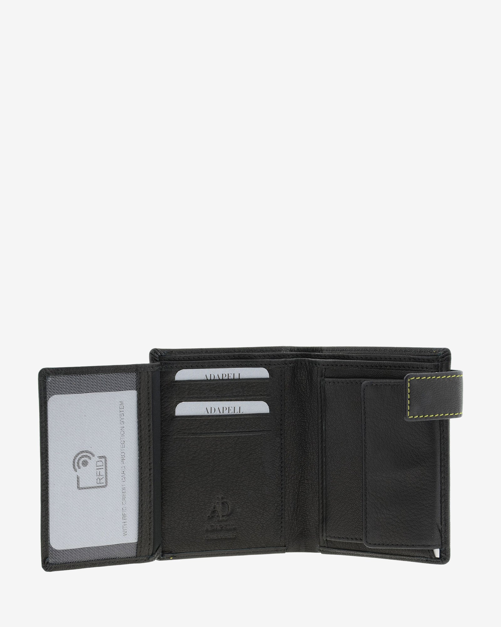 Cartera de hombre de piel genuina en color negro de diseño ultrafino con cosido verde a contraste, vista interior abierta mostrando compartimentos para tarjetas, billetes y monedero, referencia 1603-1
