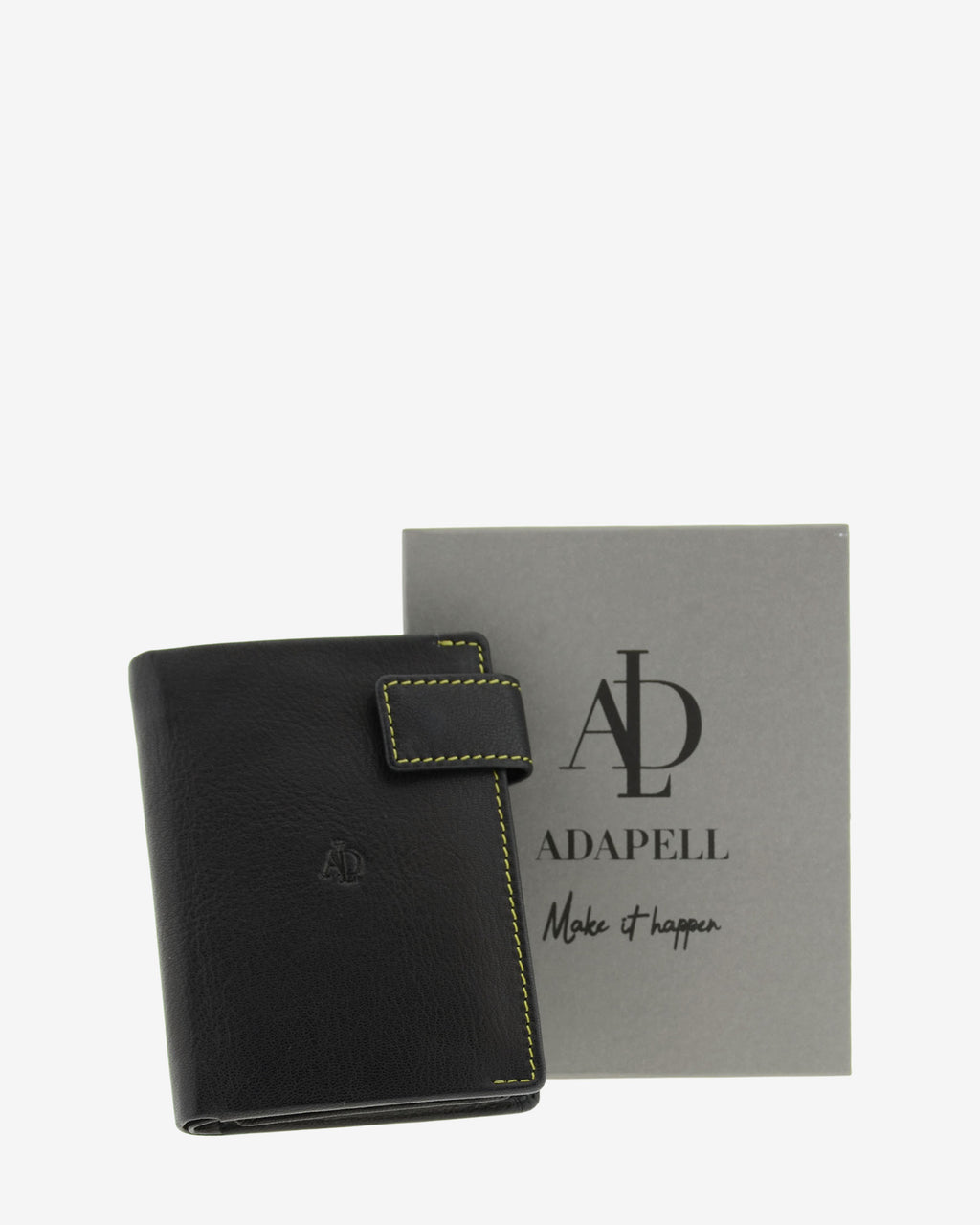 Cartera de hombre de piel genuina en color negro de diseño ultrafino con cosido verde a contraste, cierre de botón, de formato vertical, vista frontal y caja de regalo, referencia 1603-1