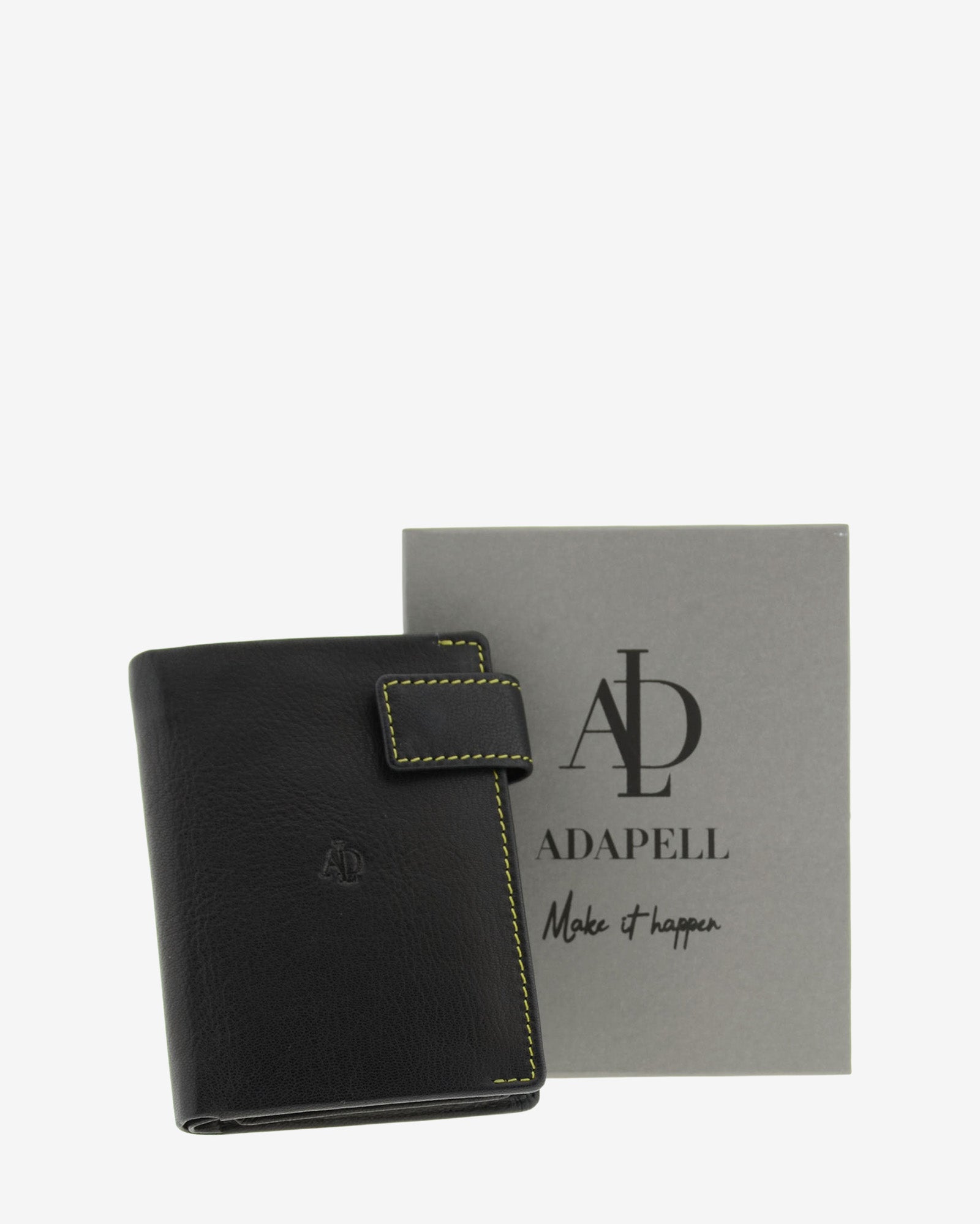 Cartera de hombre de piel genuina en color negro de diseño ultrafino con cosido verde a contraste, cierre de botón, de formato vertical, vista frontal y caja de regalo, referencia 1603-1