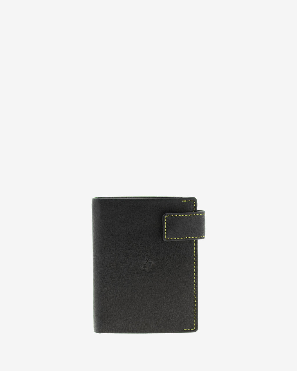 Cartera de hombre de piel genuina en color negro de diseño ultrafino con cosido verde a contraste y cierre de botón, vista frontal plana, referencia 1603-1