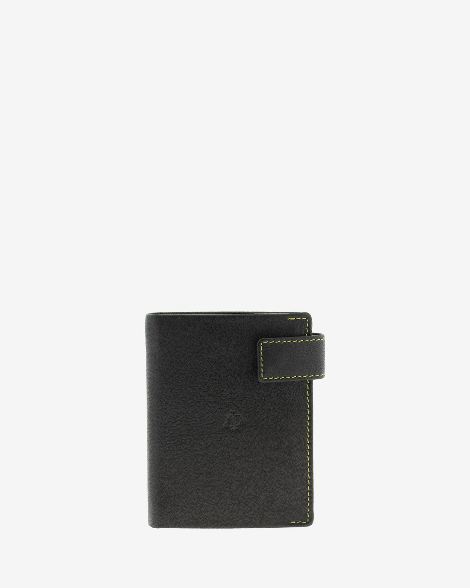 Cartera de hombre de piel genuina en color negro de diseño ultrafino con cosido verde a contraste y cierre de botón, vista frontal plana, referencia 1603-1