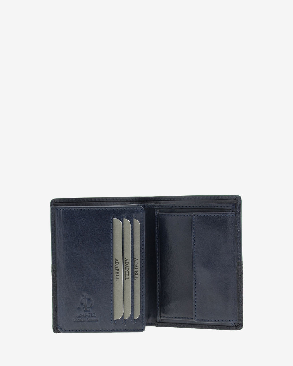 Interior de cartera de hombre colección Rancho en piel rústica marino con compartimentos para tarjetas, portamonedas con solapa y bolsillo para billetes, referencia 1605-20