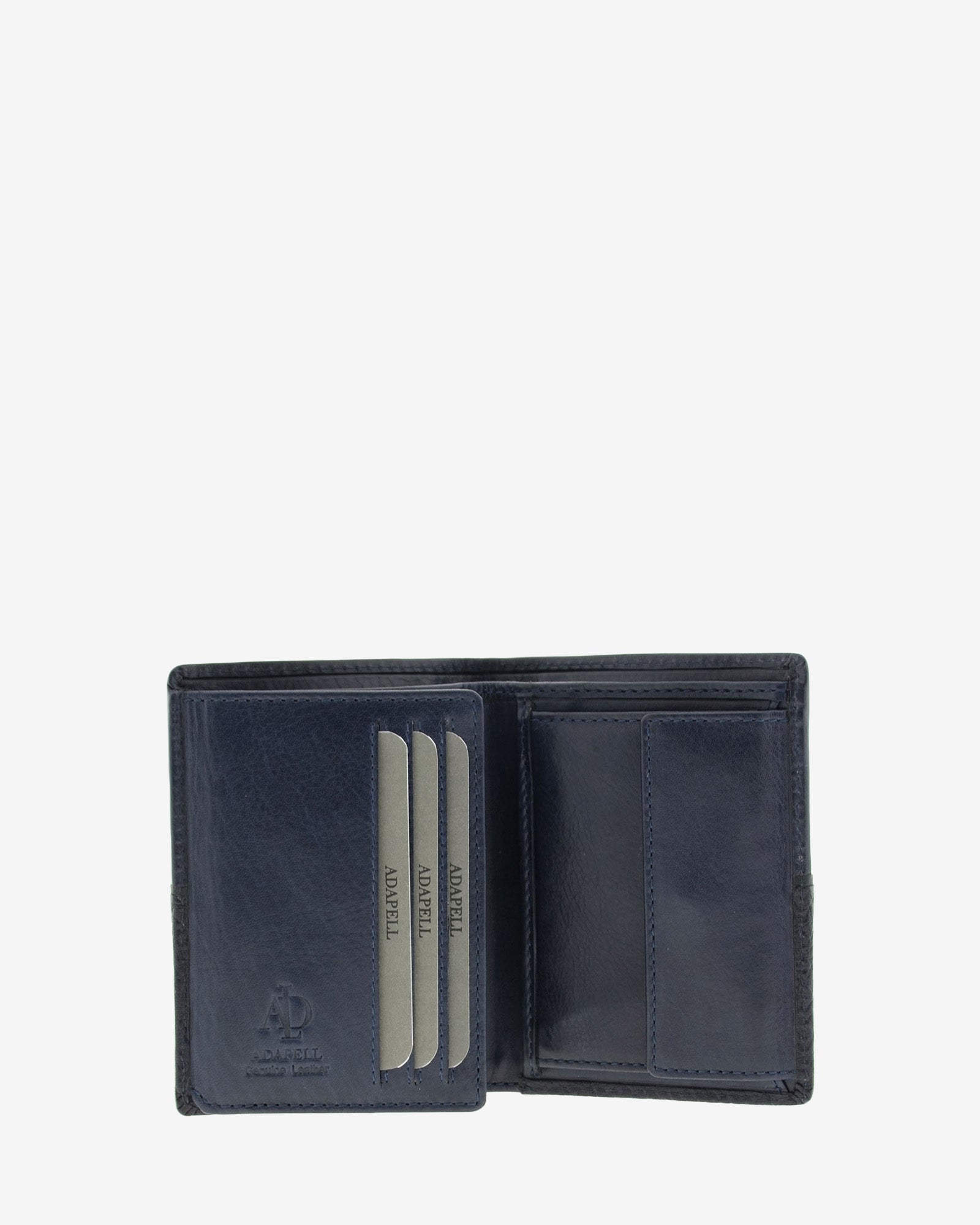 Interior de cartera de hombre colección Rancho en piel rústica marino con compartimentos para tarjetas, portamonedas con solapa y bolsillo para billetes, referencia 1605-20
