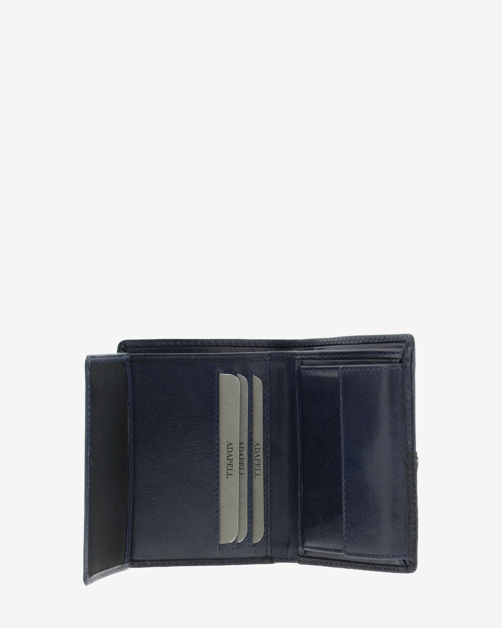 interior de cartera abierta de hombre colección Rancho en piel rústica marino con compartimentos para tarjetas, portamonedas con solapa y bolsillo para billetes, referencia 1605-20