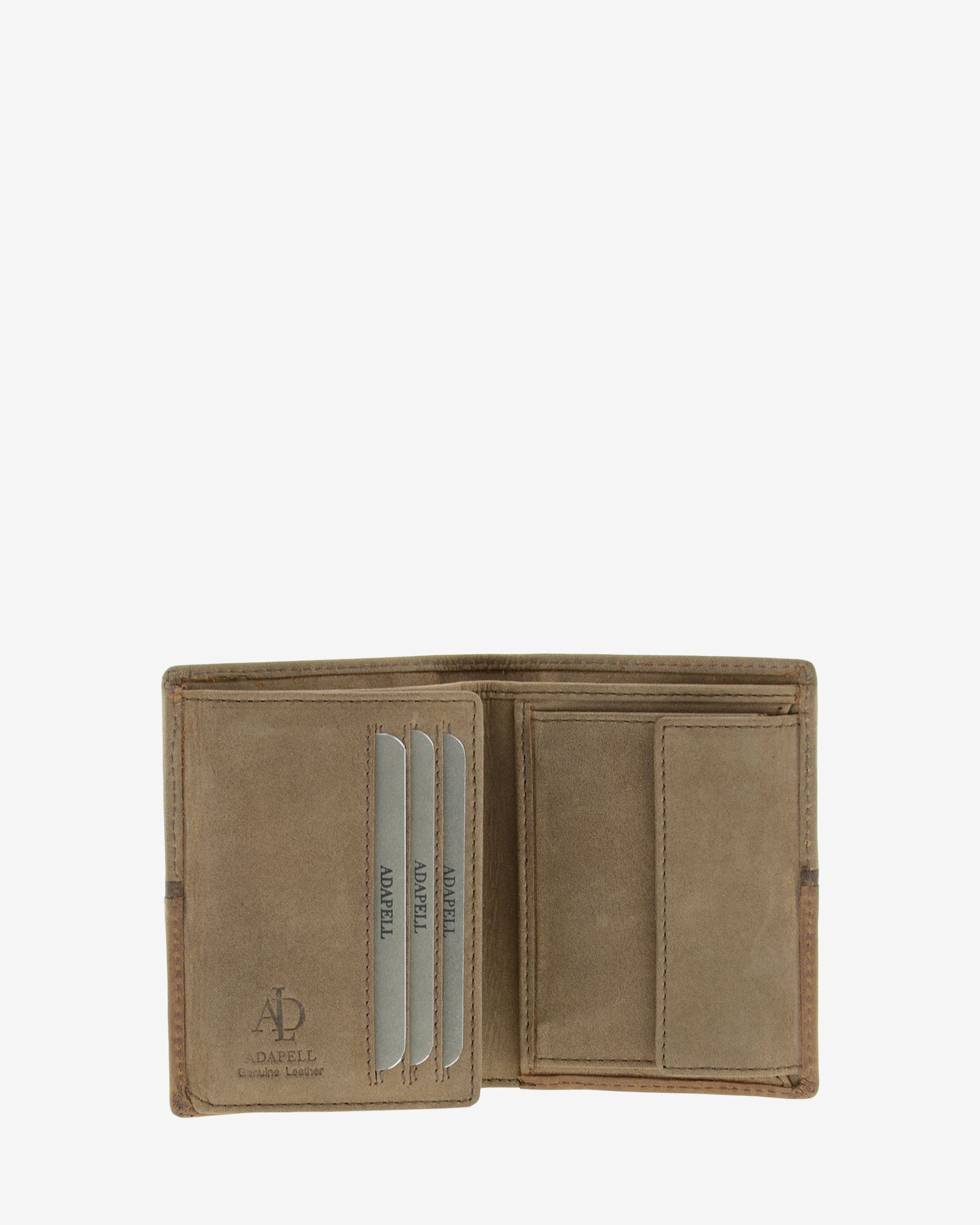 Interior de cartera de hombre colección Rancho en piel rústica marrón con compartimentos para tarjetas, portamonedas con solapa y bolsillo para billetes, referencia 1605-2