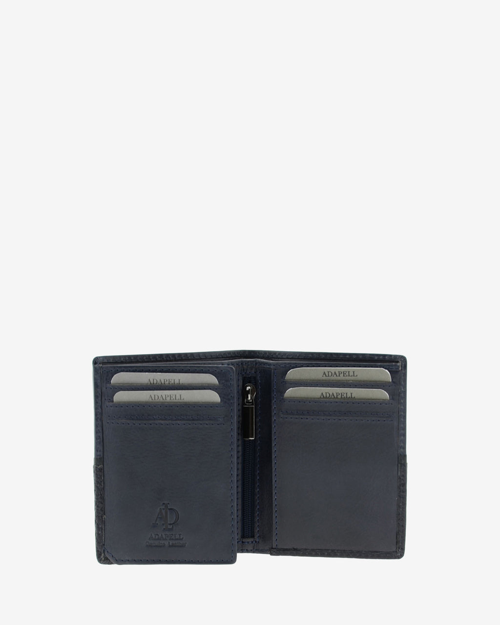Interior de cartera de hombre colección Rancho en piel rústica marino con compartimentos para tarjetas y bolsillo central con cremallera, además de espacio para billetes. Ref. 1606-20