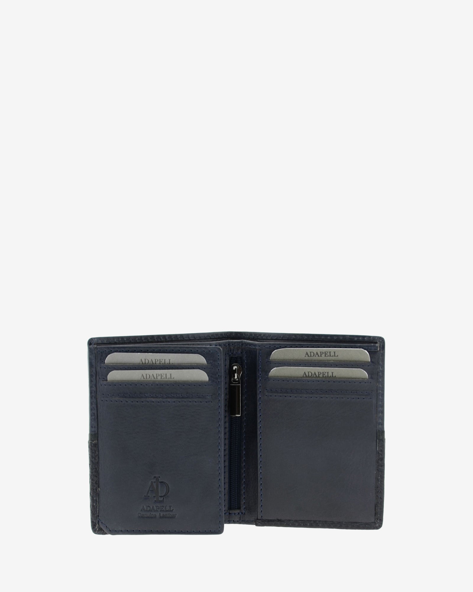 Interior de cartera de hombre colección Rancho en piel rústica marino con compartimentos para tarjetas y bolsillo central con cremallera, además de espacio para billetes. Ref. 1606-20