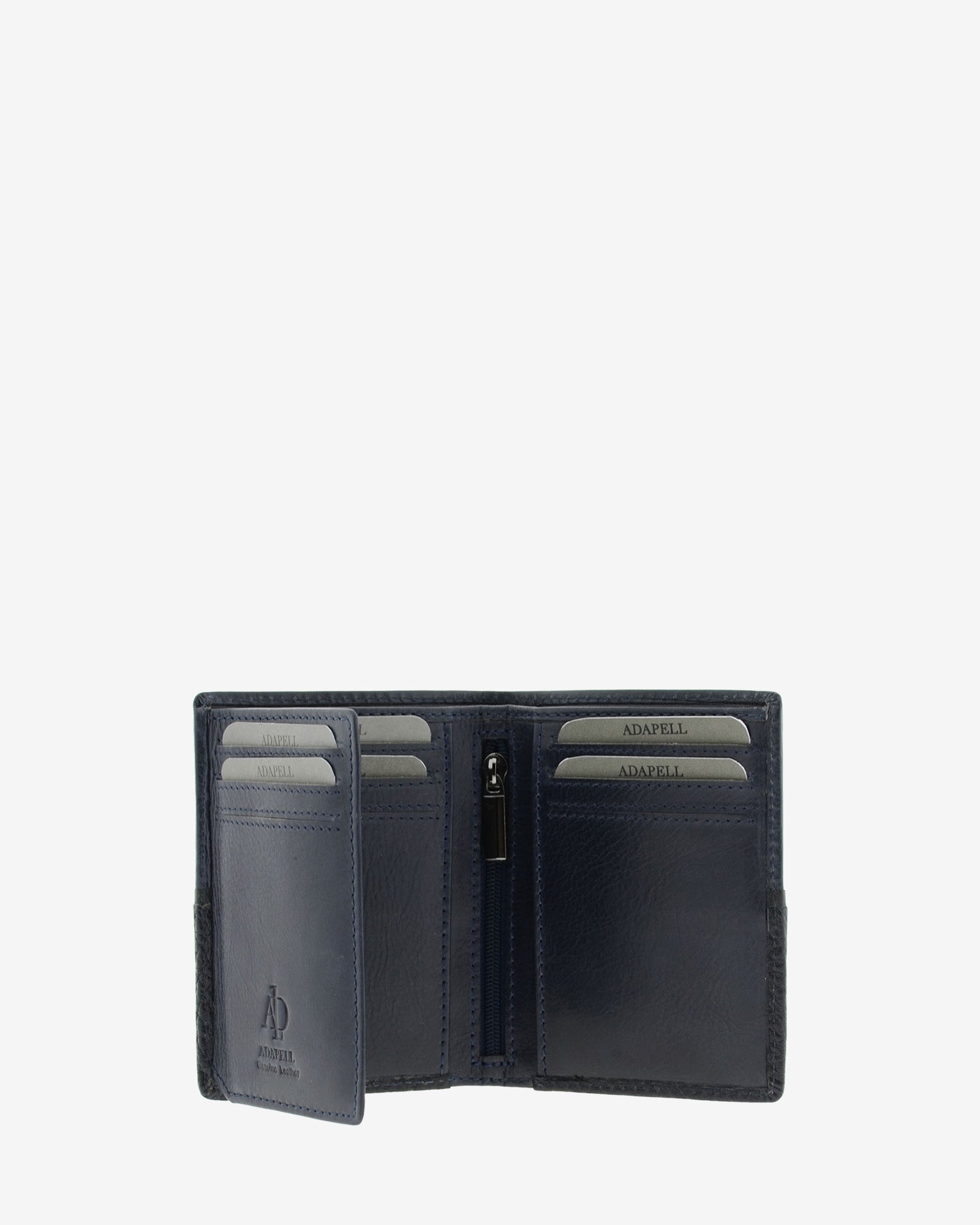 Interior de cartera abierta de hombre colección Rancho en piel rústica marino con compartimentos para tarjetas y bolsillo central con cremallera, además de espacio para billetes. Ref. 1606-20