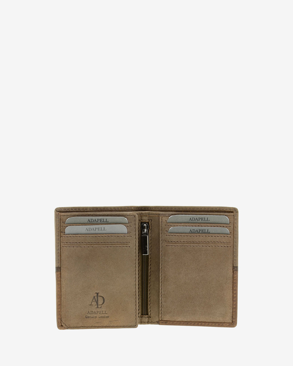 Interior de cartera de hombre colección Rancho en piel rústica marrón con compartimentos para tarjetas y bolsillo central con cremallera, además de espacio para billetes. Ref. 1606-2