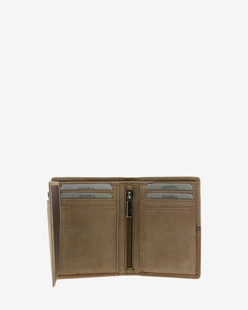 Interior de cartera de hombre colección Rancho en piel rústica marrón con compartimentos para tarjetas, bolsillo con cremallera y espacio lateral para documentos o billetes. Ref. 1606-2