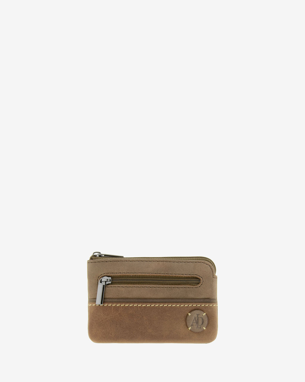 Monedero de la colección Rancho en piel rústica bicolor marrón con cremallera superior, bolsillo frontal con cremallera y logo circular Adapell en la parte inferior. Ref. 1608-2