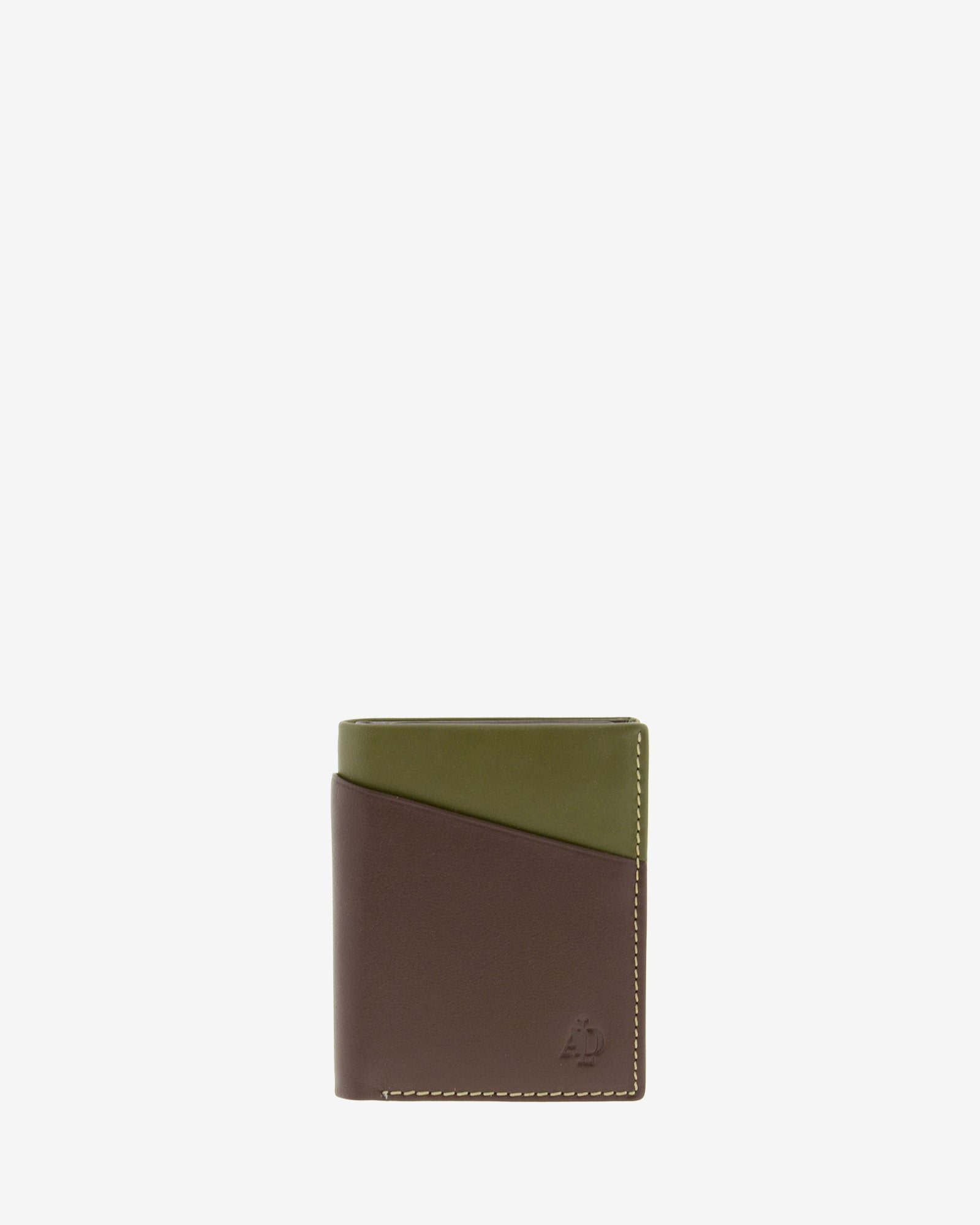 Cartera de hombre de piel genuina en color marrón y oliva con compartimento exterior, vista frontal plana, referencia 1609-2