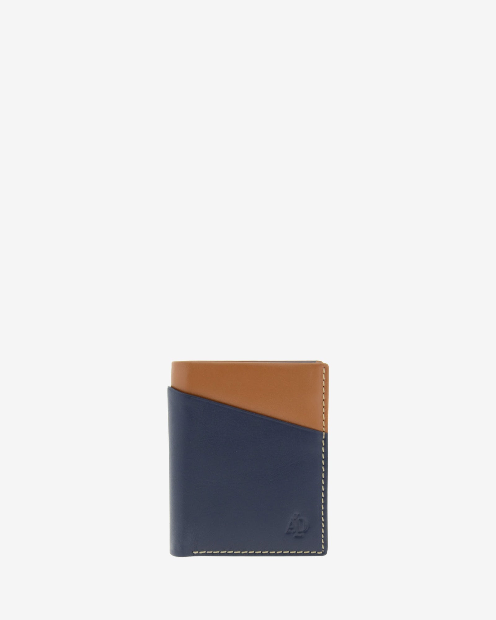 Cartera de hombre de piel genuina en color marino y cuero, con compartimento exterior, vista frontal plana, referencia 1609-20