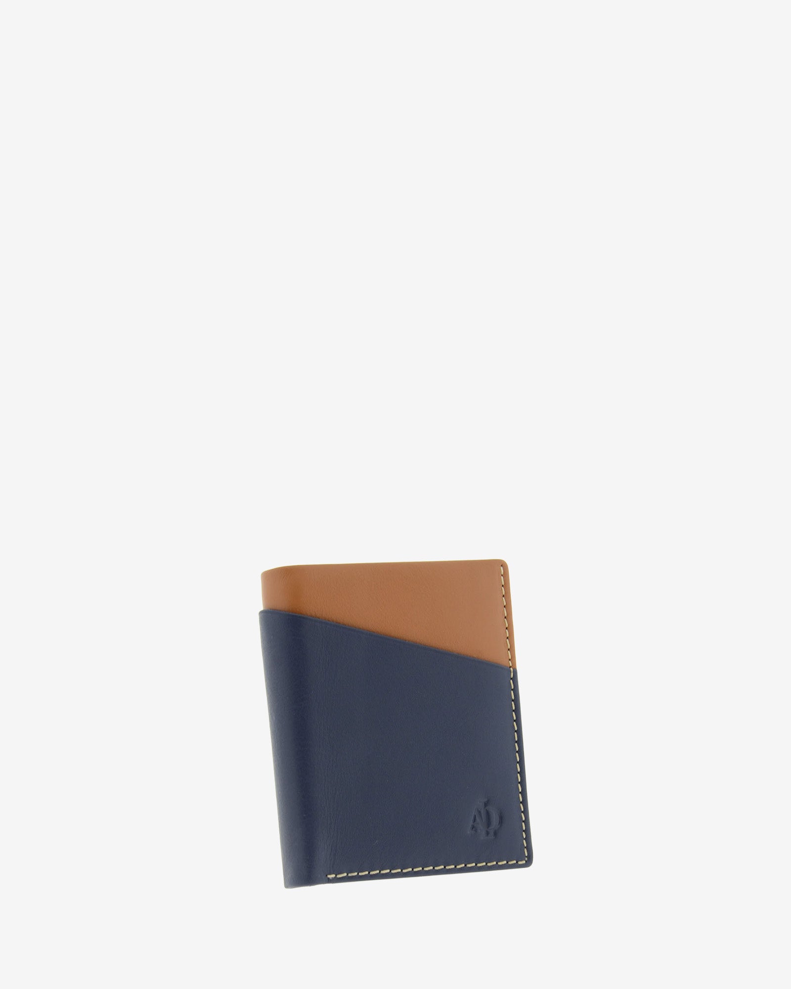 Cartera de hombre de piel genuina en color marino y cuero, con compartimento exterior, vista frontal mostrando diseño y volumen, referencia 1609-20