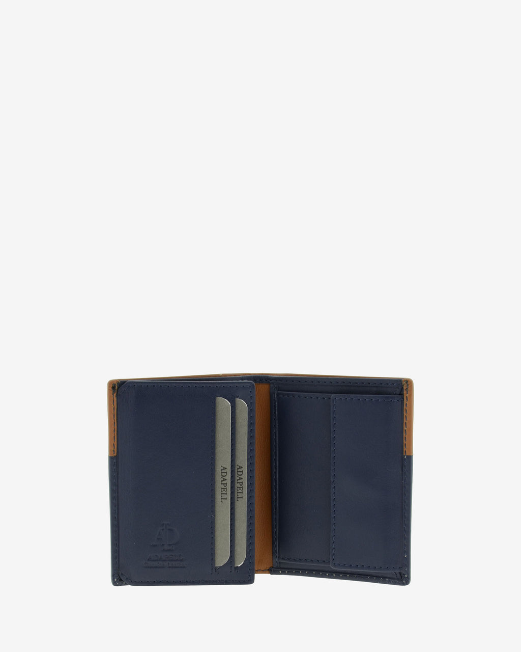 Cartera de hombre de piel genuina en color marino y cuero, vista interior mostrando compartimentos interiores y monedero, referencia 1609-20