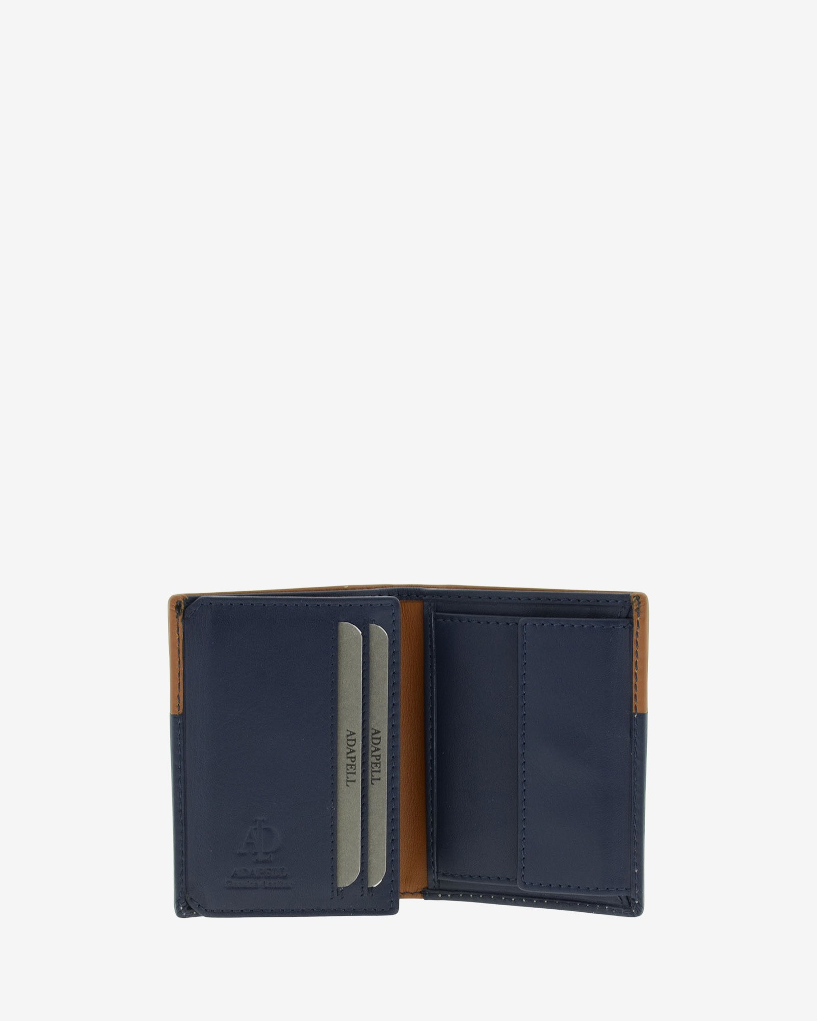 Cartera de hombre de piel genuina en color marino y cuero, vista interior mostrando compartimentos interiores y monedero, referencia 1609-20