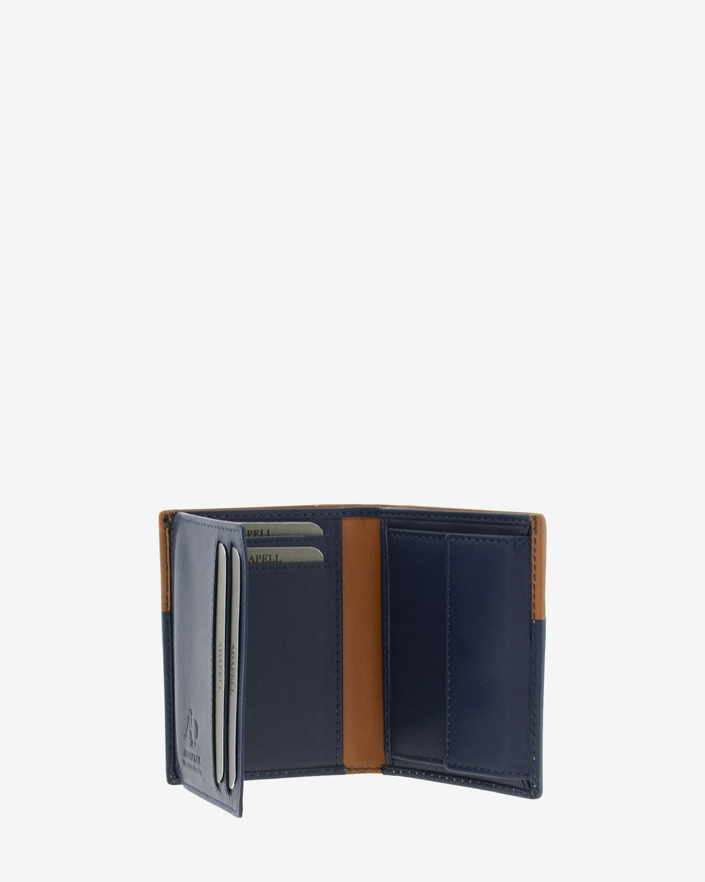 Cartera de hombre de piel genuina en color marino y cuero, vista interior abierta mostrando compartimentos interiores y monedero, referencia 1609-20