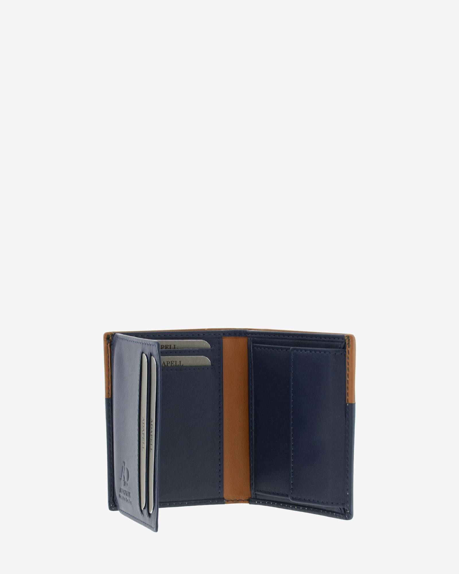 Cartera de hombre de piel genuina en color marino y cuero, vista interior abierta mostrando compartimentos interiores y monedero, referencia 1609-20