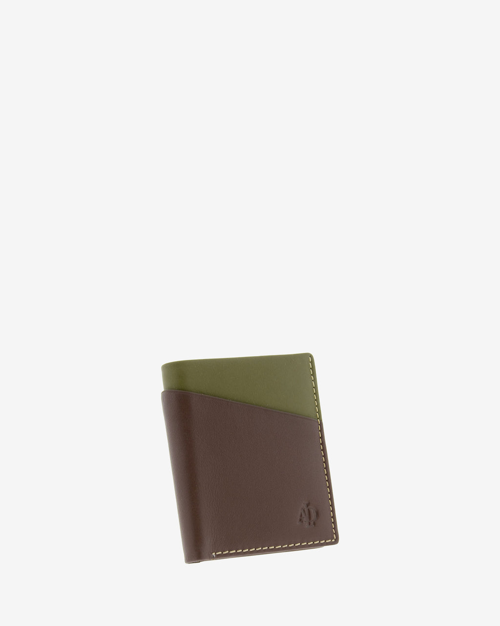 Cartera de hombre de piel genuina en color marrón y oliva con compartimento exterior, vista frontal mostrando diseño y volumen, referencia 1609-2