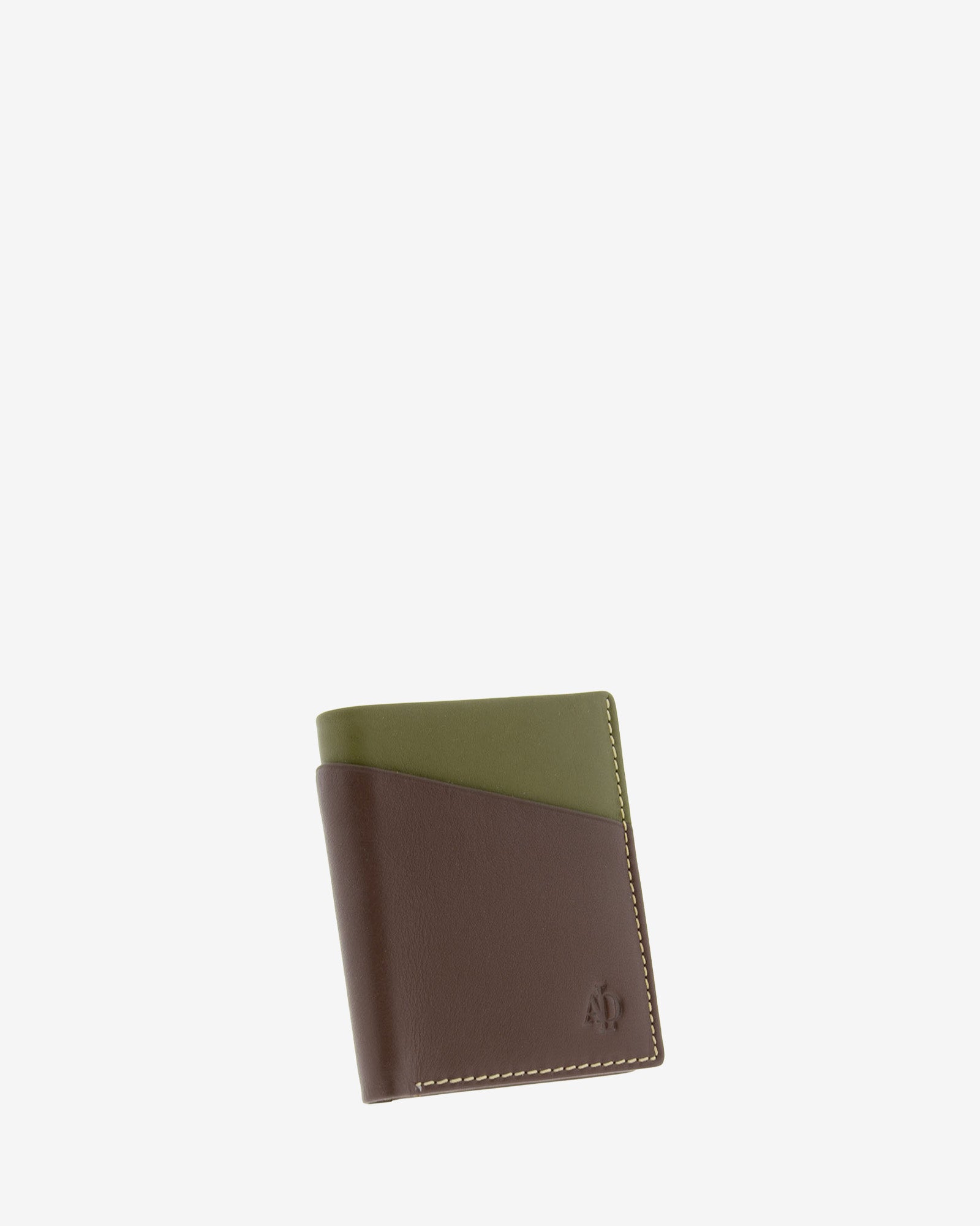 Cartera de hombre de piel genuina en color marrón y oliva con compartimento exterior, vista frontal mostrando diseño y volumen, referencia 1609-2