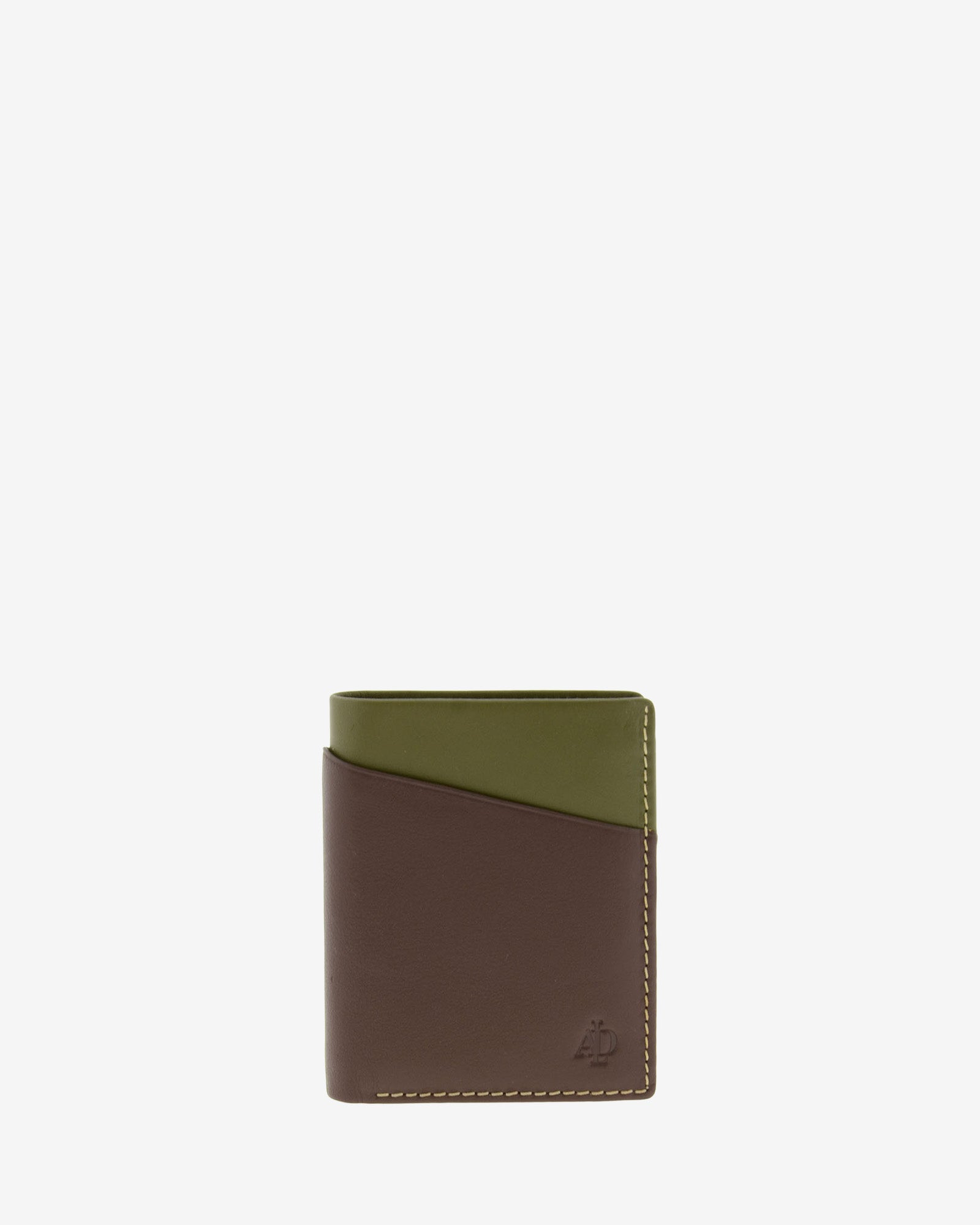 Cartera de hombre de piel genuina en color marrón y oliva con compartimento exterior, vista frontal plana, referencia 1610-2