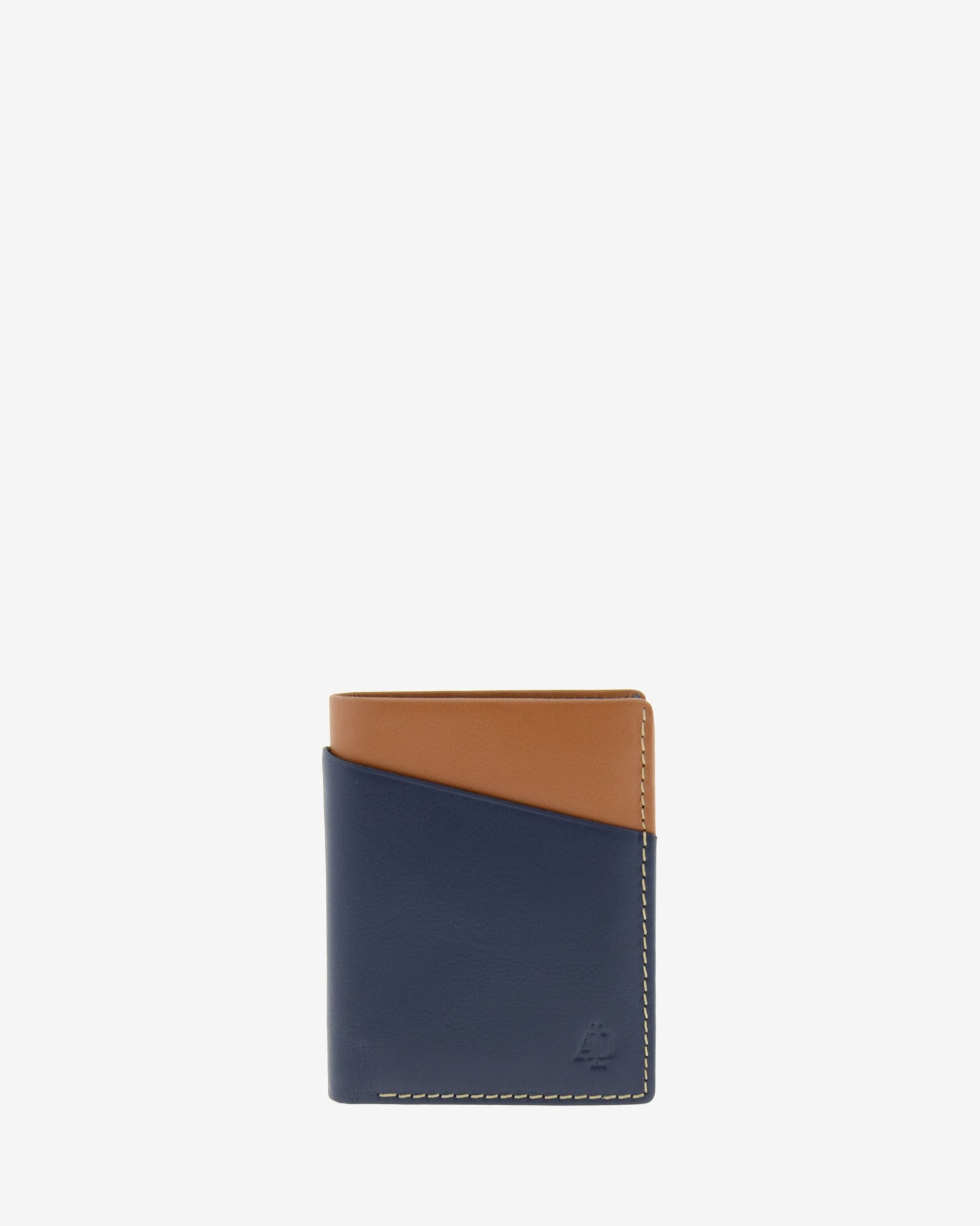 Cartera de hombre de piel genuina en color marino y cuero, con compartimento exterior, vista frontal plana, referencia 1610-20
