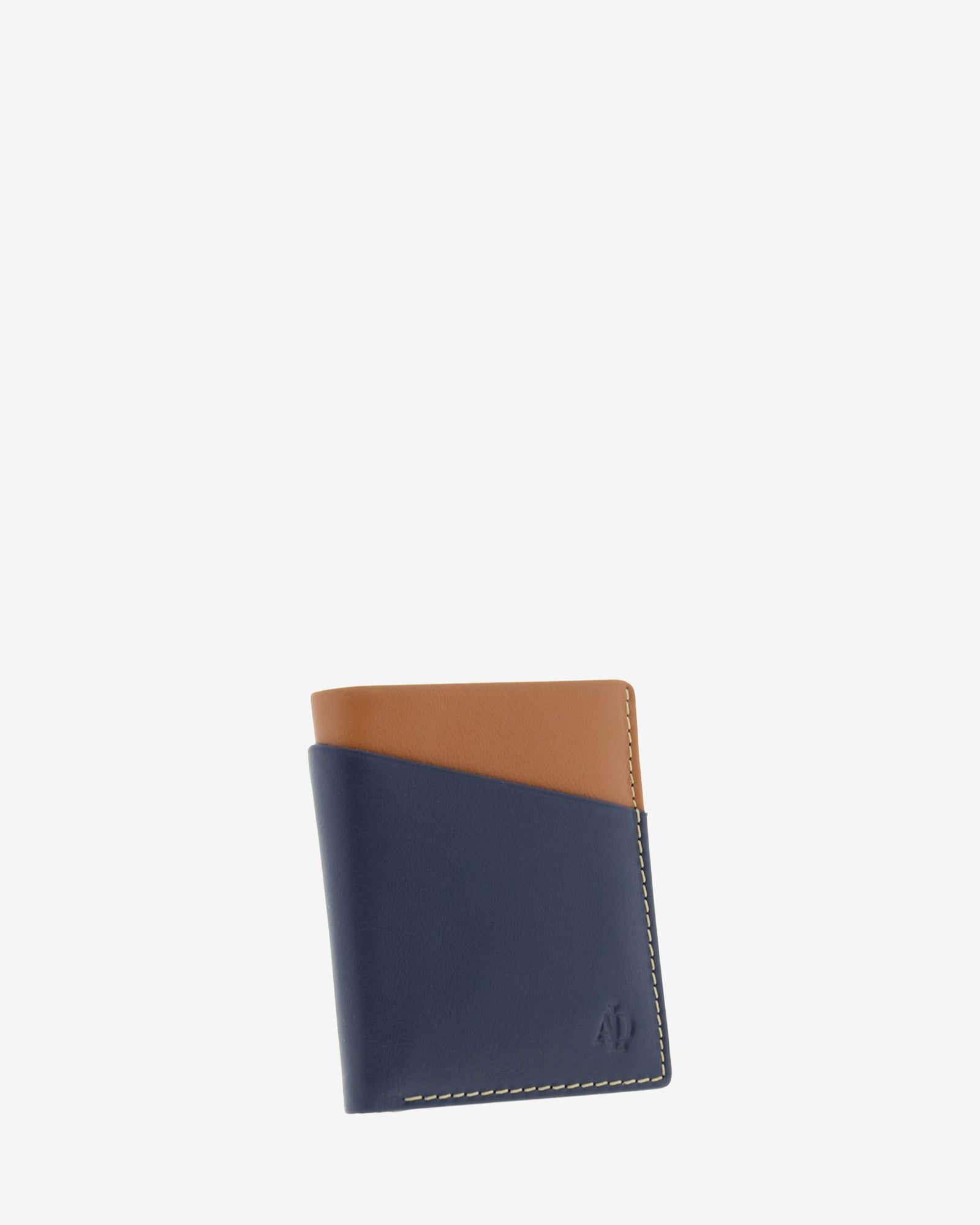 Cartera de hombre de piel genuina en color marino y cuero, con compartimento exterior, vista frontal mostrando diseño y volumen, referencia 1610-20