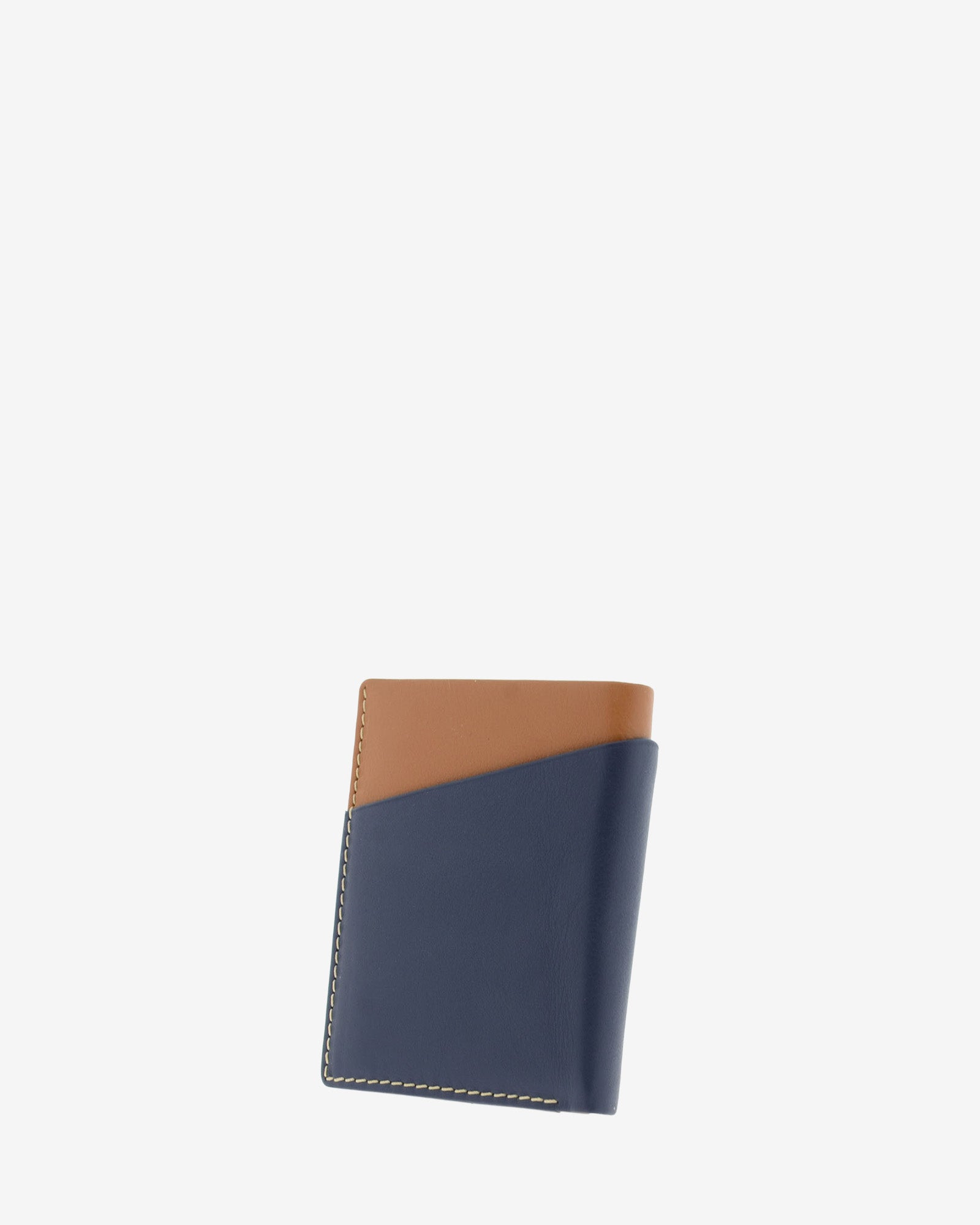 Cartera de hombre de piel genuina en color marino y cuero, con compartimento exterior, vista trasera, referencia 1610-20
