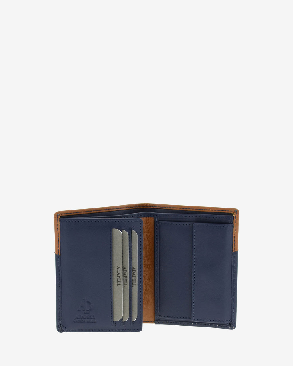 Cartera de hombre de piel genuina en color marino y cuero, vista interior mostrando compartimentos interiores y monedero, referencia 1610-20