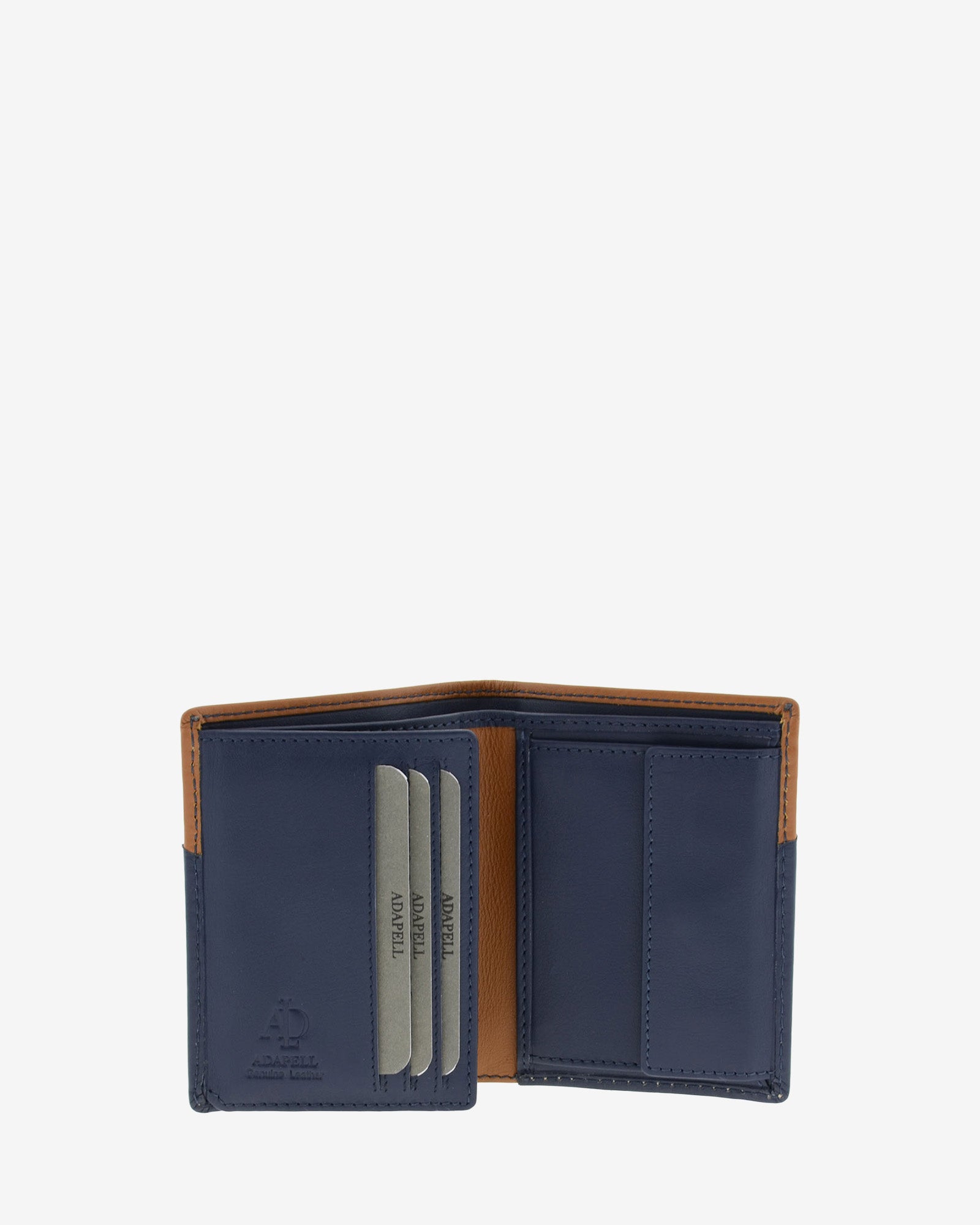 Cartera de hombre de piel genuina en color marino y cuero, vista interior mostrando compartimentos interiores y monedero, referencia 1610-20