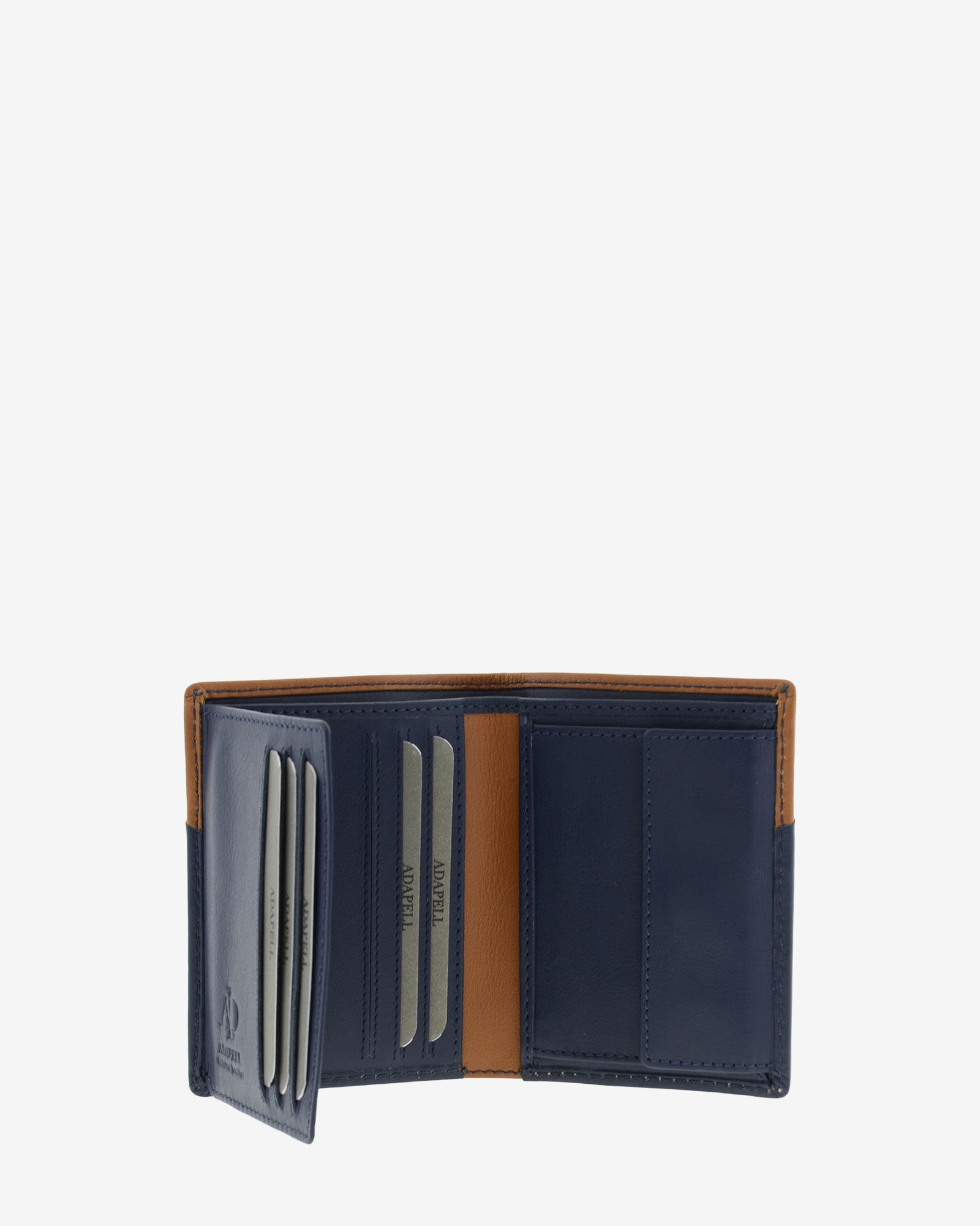 Cartera de hombre de piel genuina en color marino y cuero, vista interior abierta mostrando compartimentos interiores y monedero, referencia 1610-20