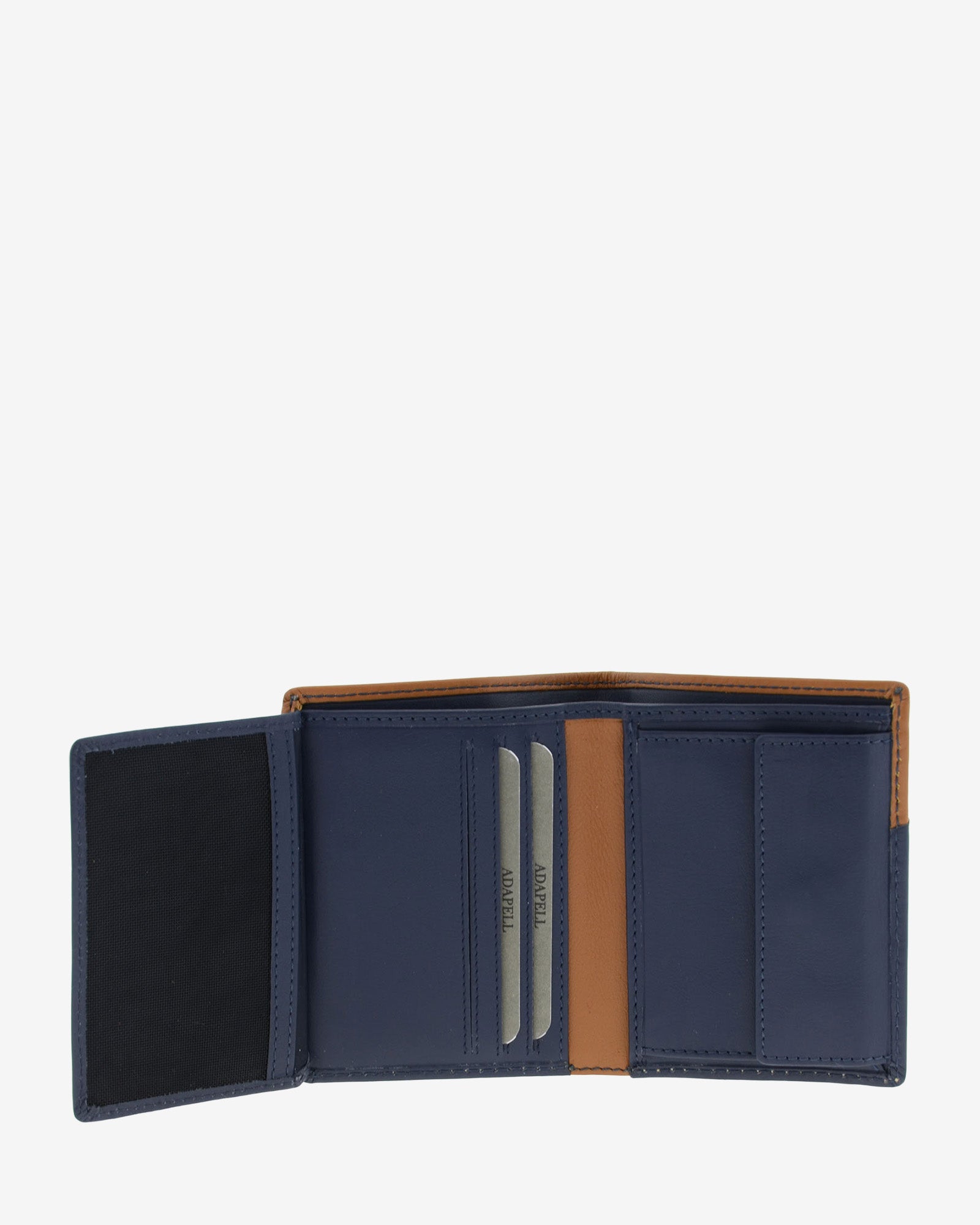 Cartera de hombre de piel genuina en color marino y cuero, vista interior abierta mostrando compartimentos interiores y monedero, referencia 1610-20