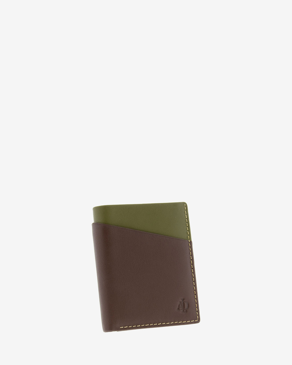 Cartera de hombre de piel genuina en color marrón y oliva con compartimento exterior, vista frontal mostrando diseño y volumen, referencia 1610-2