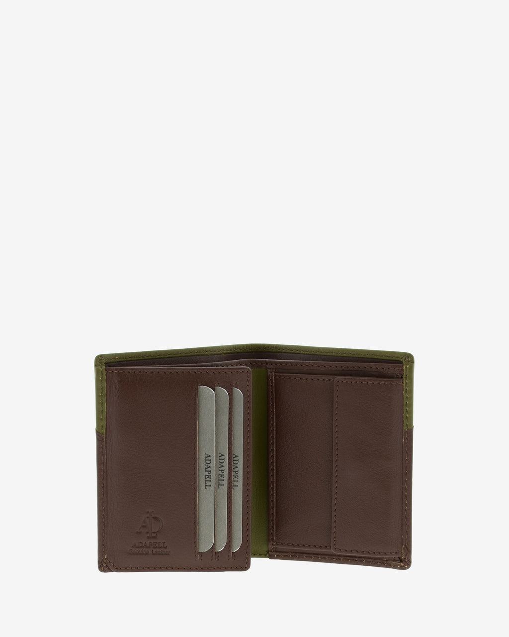 Cartera de hombre de piel genuina en color marrón y oliva, vista interior mostrando compartimentos interiores y monedero, referencia 1610-2