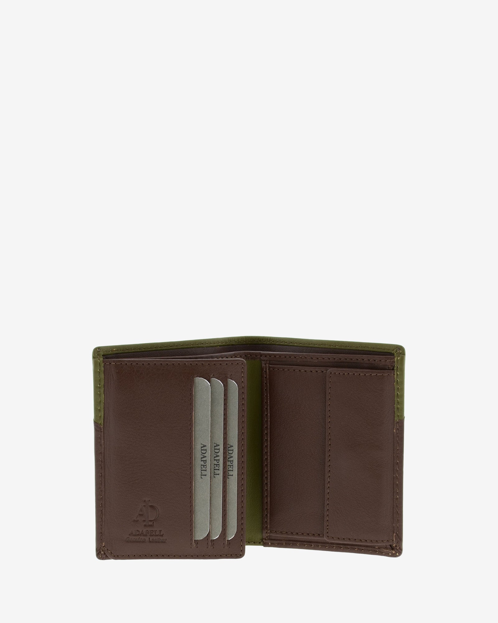 Cartera de hombre de piel genuina en color marrón y oliva, vista interior mostrando compartimentos interiores y monedero, referencia 1610-2
