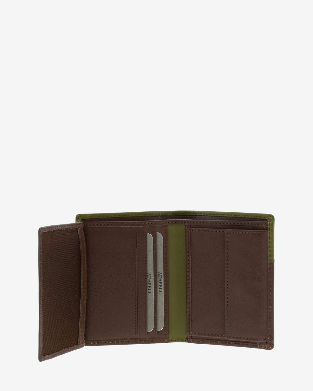 Cartera de hombre de piel genuina en color marrón y oliva, vista interior abierta mostrando compartimentos interiores y monedero, referencia 1610-2