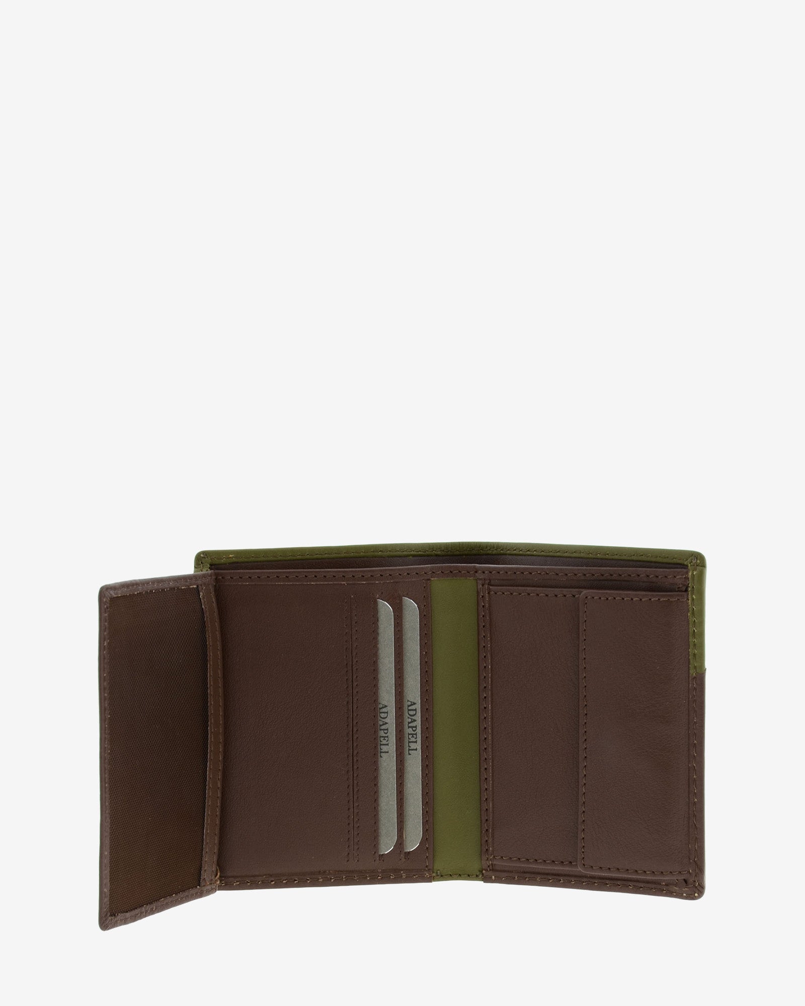 Cartera de hombre de piel genuina en color marrón y oliva, vista interior abierta mostrando compartimentos interiores y monedero, referencia 1610-2