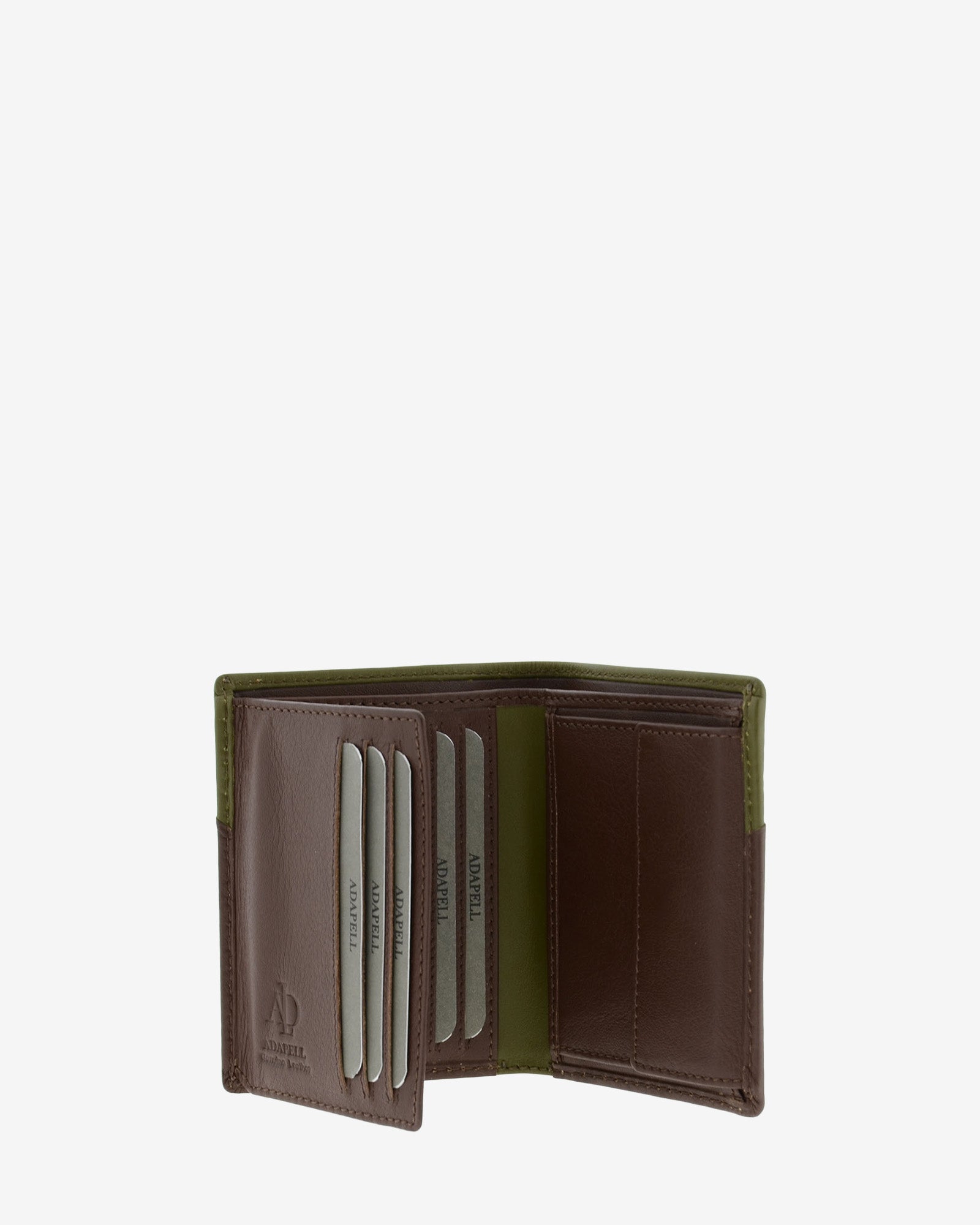 Cartera de hombre de piel genuina en color marrón y oliva, vista interior abierta mostrando compartimentos interiores y monedero, referencia 1610-2