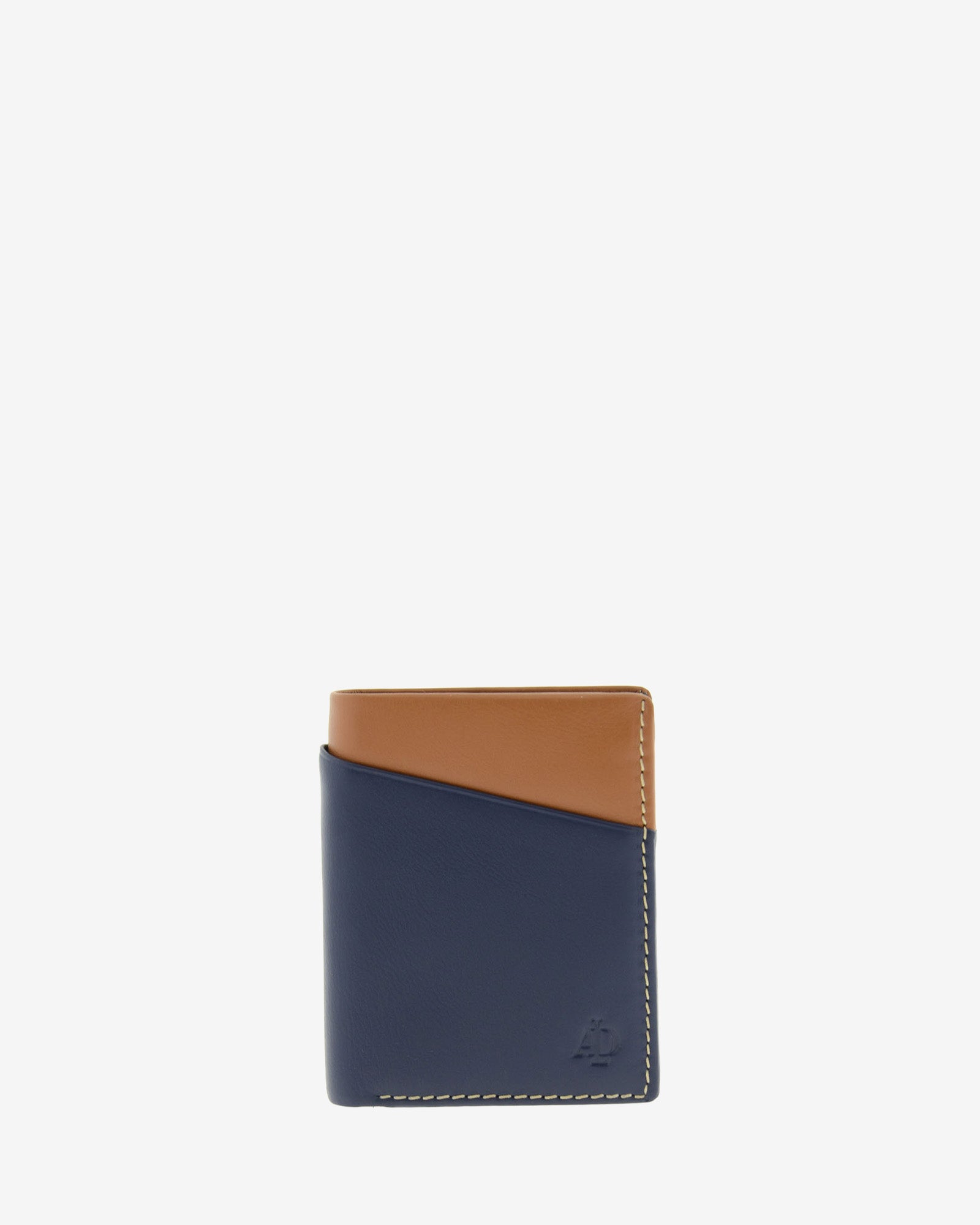 Cartera de hombre pequeña de piel genuina en color marino y cuero, con compartimento exterior, vista frontal plana, referencia 1611-20
