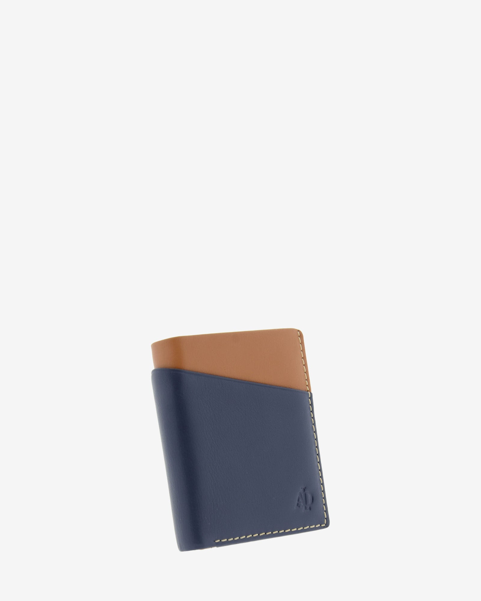 Cartera de hombre pequeña de piel genuina en color marino y cuero, con compartimento exterior, vista frontal mostrando diseño y volumen, referencia 1611-20