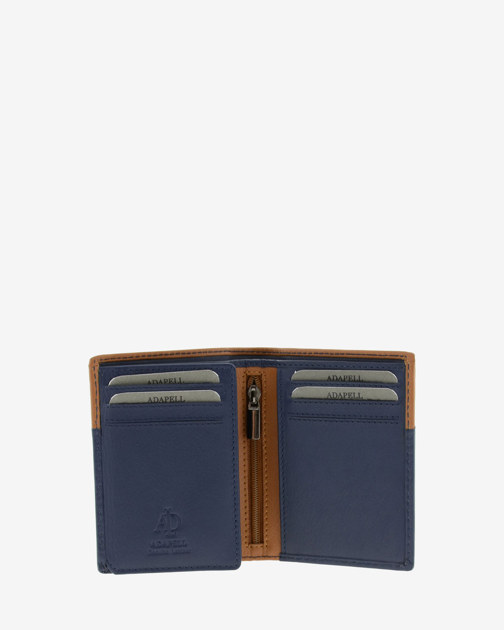 Cartera de hombre pequeña de piel genuina en color marino y cuero, vista interior mostrando compartimentos interiores, cremallera  y monedero, referencia 1611-20