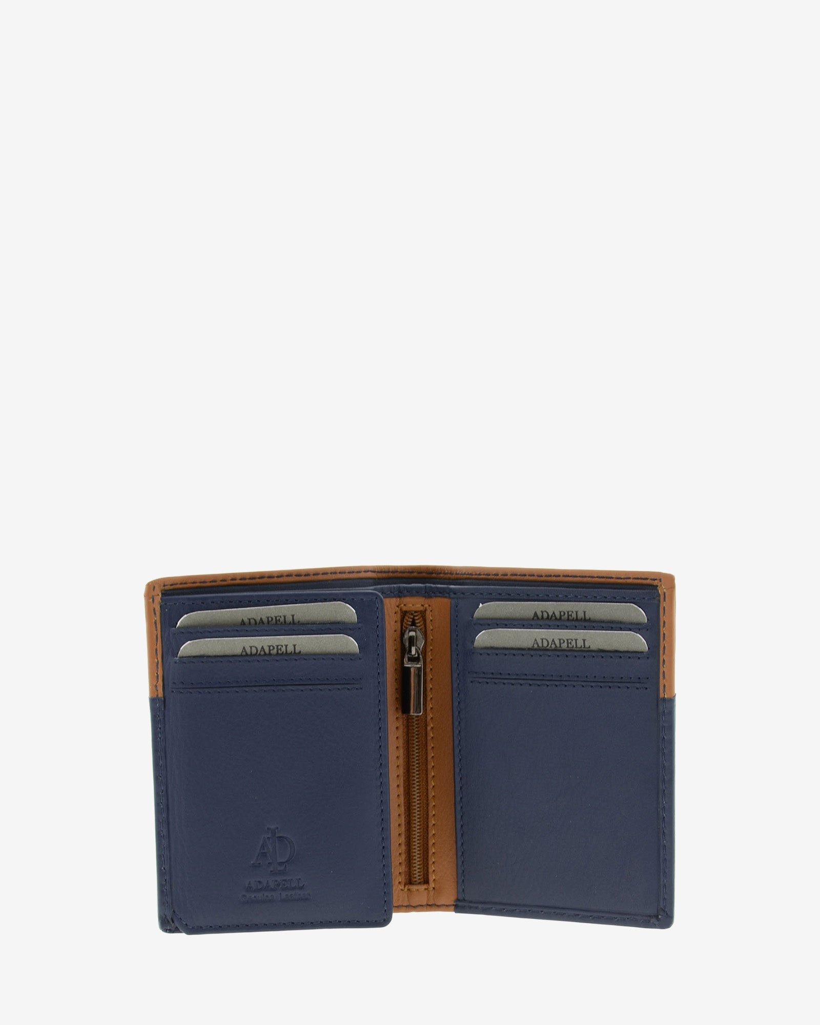 Cartera de hombre pequeña de piel genuina en color marino y cuero, vista interior mostrando compartimentos interiores, cremallera  y monedero, referencia 1611-20