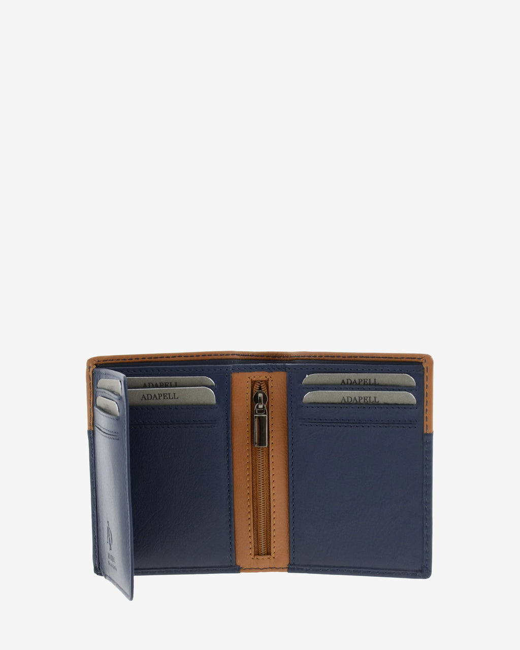 Cartera de hombre pequeña de piel genuina en color marino y cuero, vista interior abierta mostrando compartimentos interiores, cremallera y monedero, referencia 1611-20