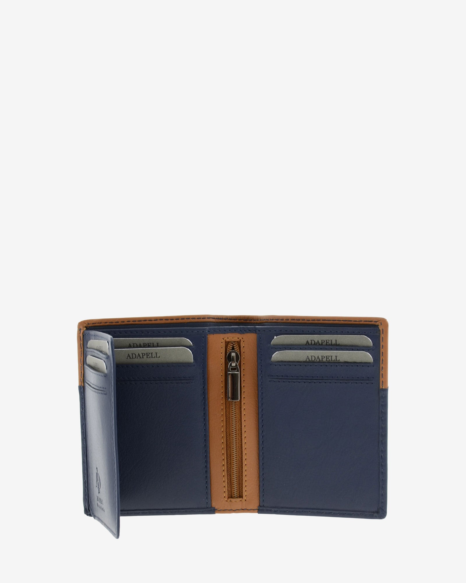 Cartera de hombre pequeña de piel genuina en color marino y cuero, vista interior abierta mostrando compartimentos interiores, cremallera y monedero, referencia 1611-20