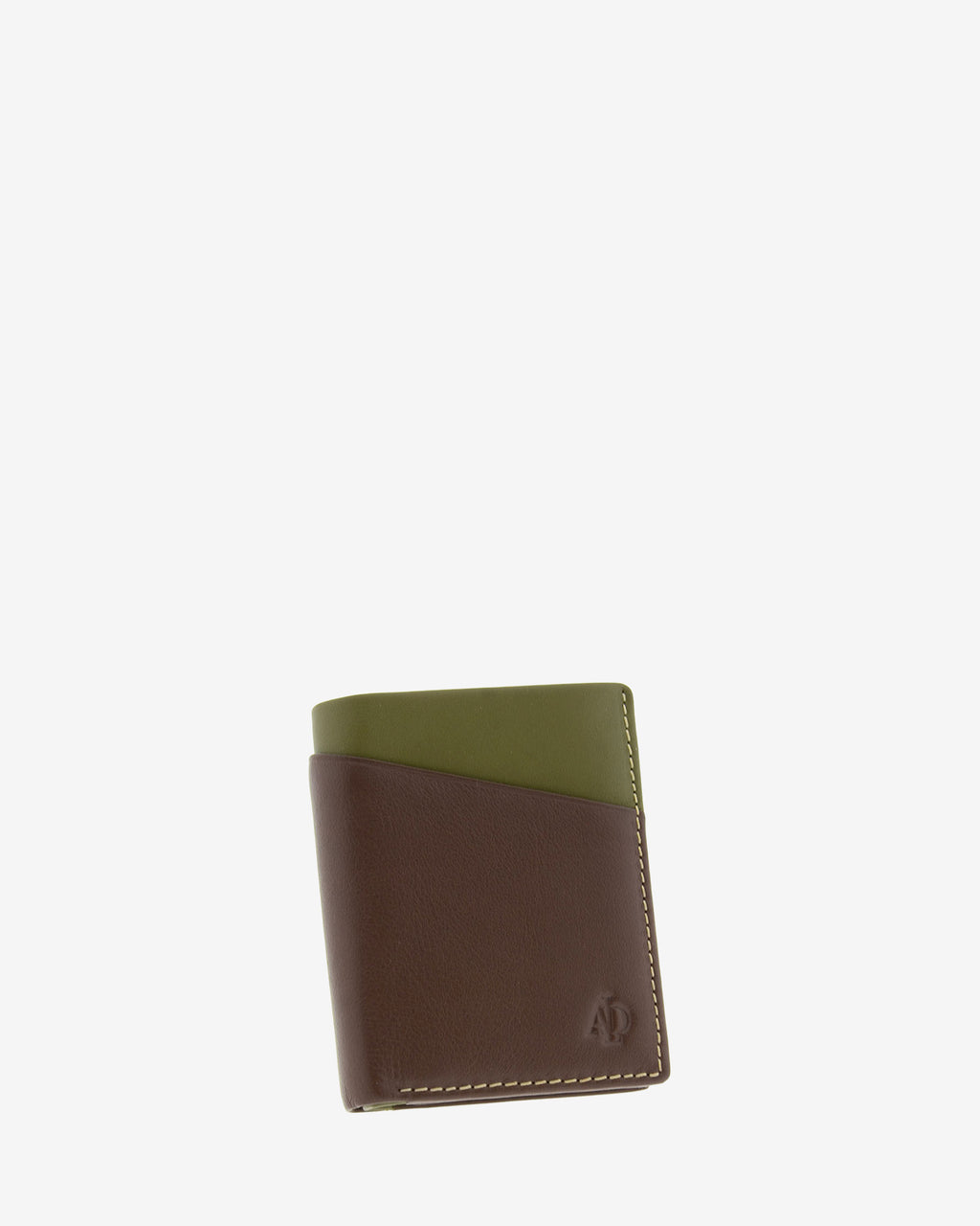 Cartera de hombre pequeña de piel genuina en color marrón y oliva con compartimento exterior, vista frontal mostrando diseño y volumen, referencia 1611-2